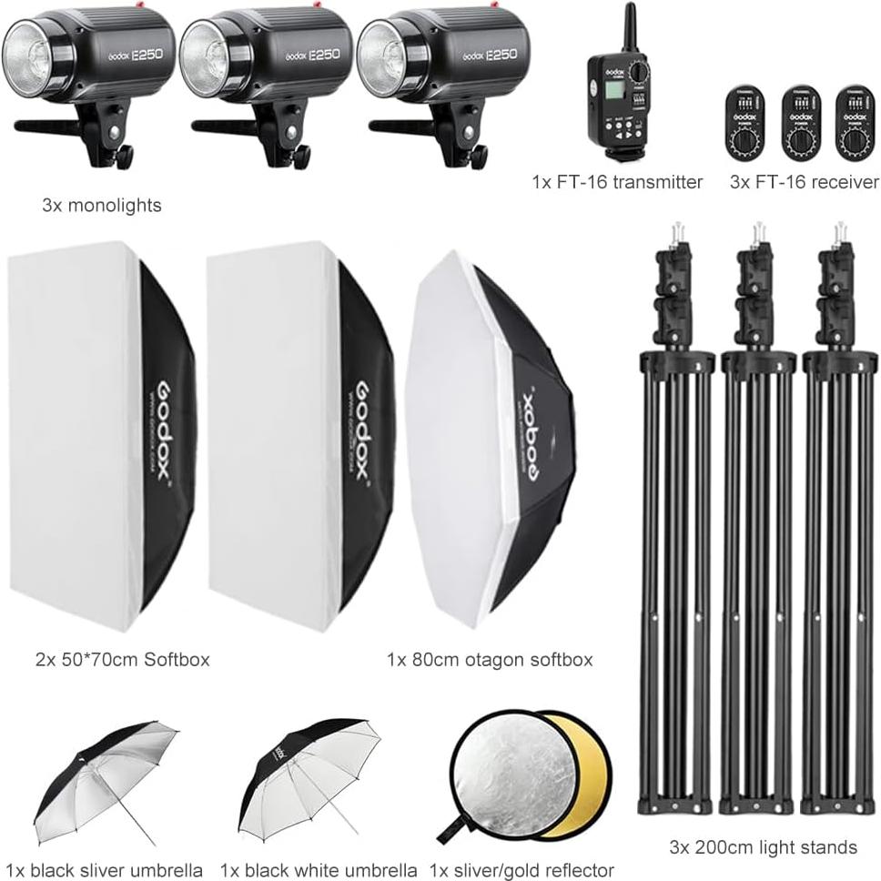 Kit de Iluminación Godox E250 - 3 Monolights 250W 5600K