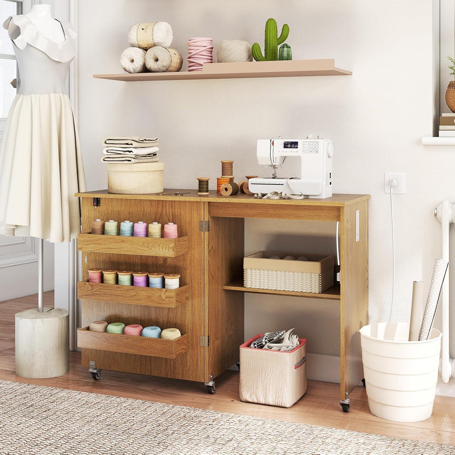 Mesa de Costura Plegable DORTALA con Estación de Carga Natural