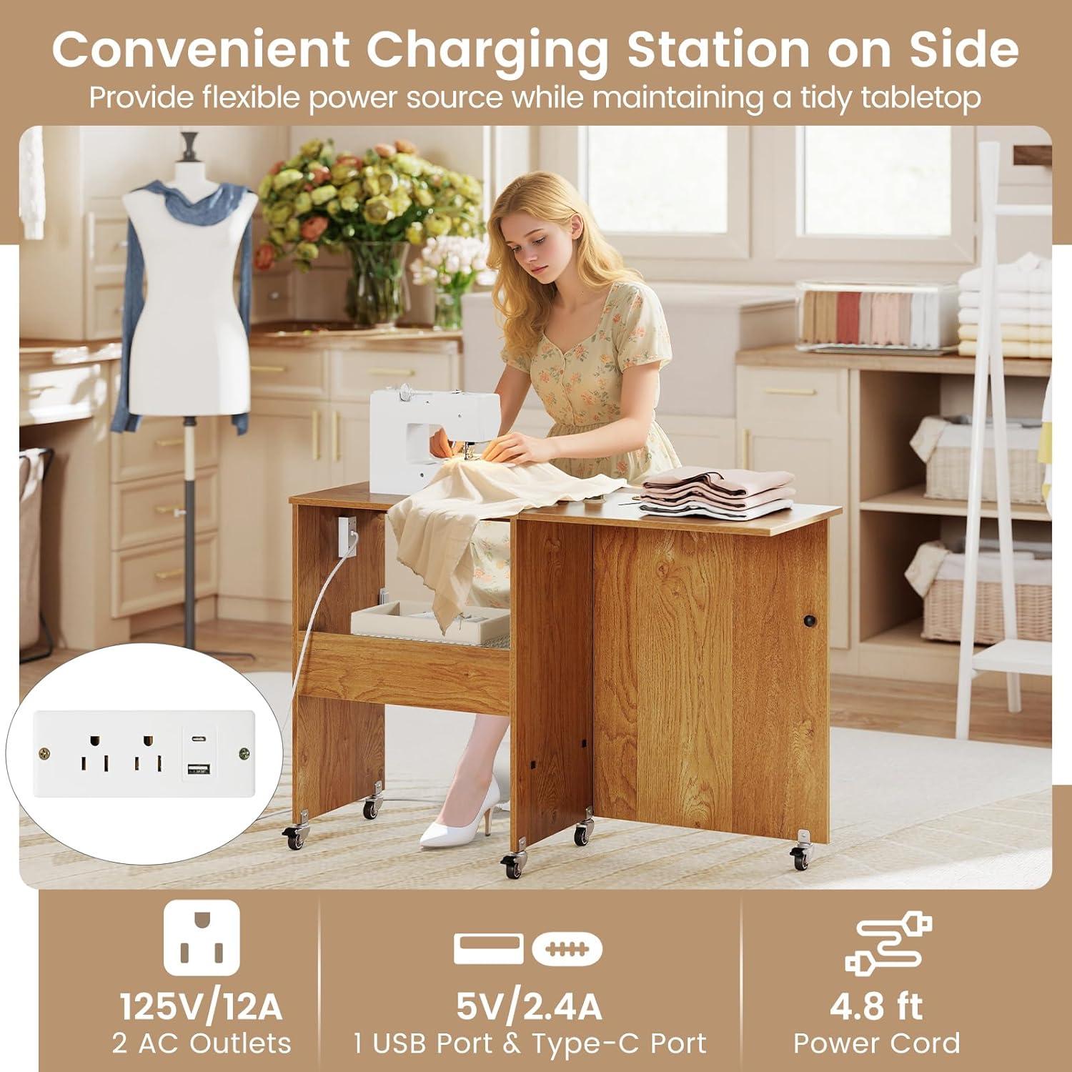 Mesa de Costura Plegable DORTALA con Estación de Carga Natural