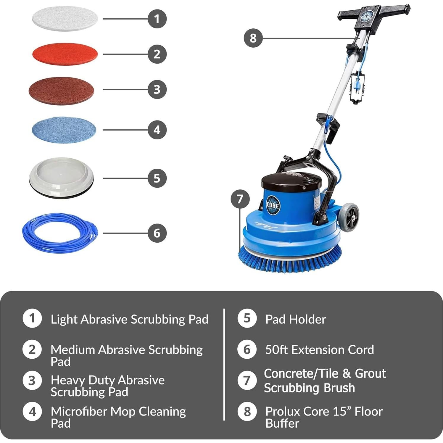 Prolux Core Heavy Duty 15 inch Floor Buffer Scrubber and Polisher Cleaning Machine - All floor surfaces