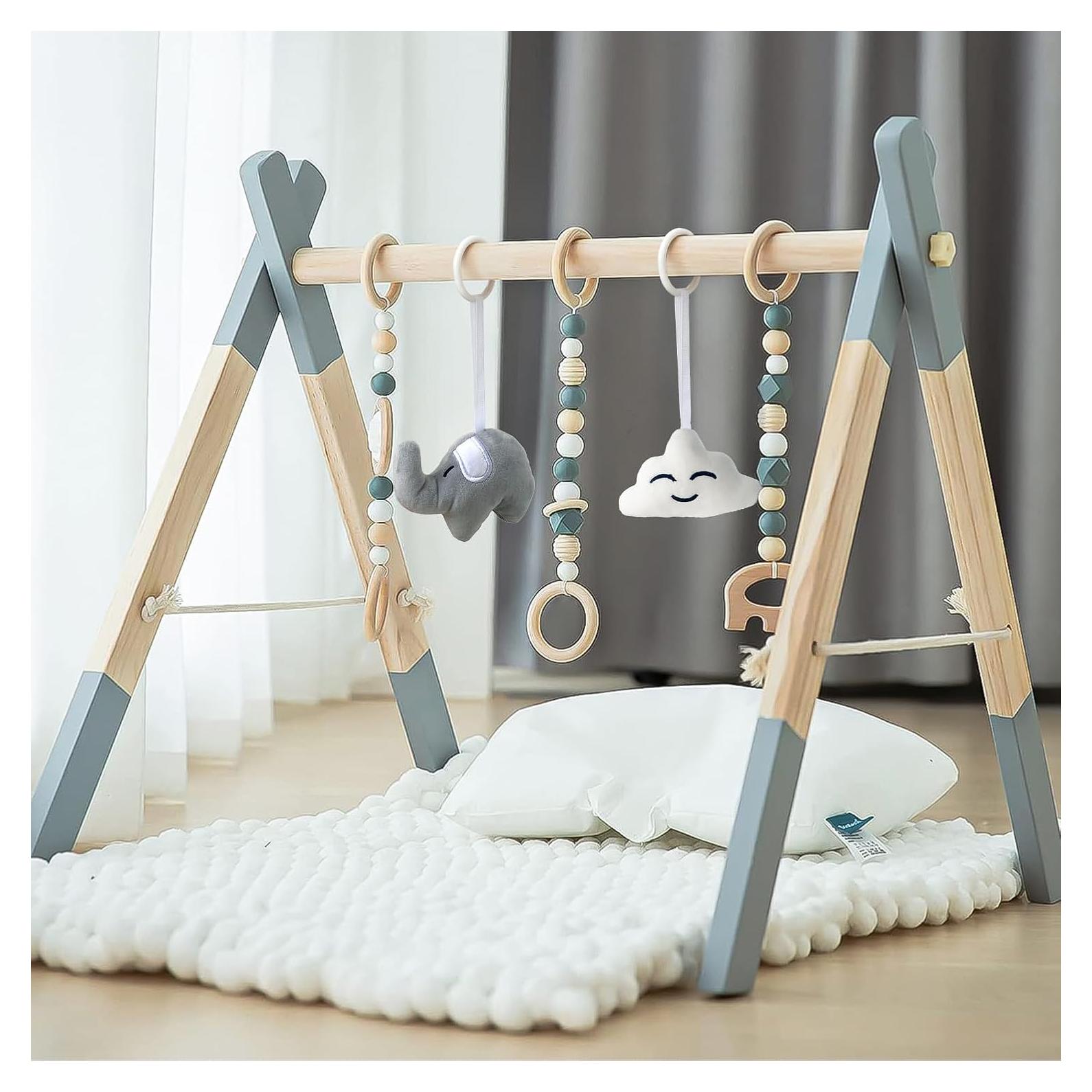 Gimnasio de Juego de Bebé de Madera Plegable con 5 Juguetes