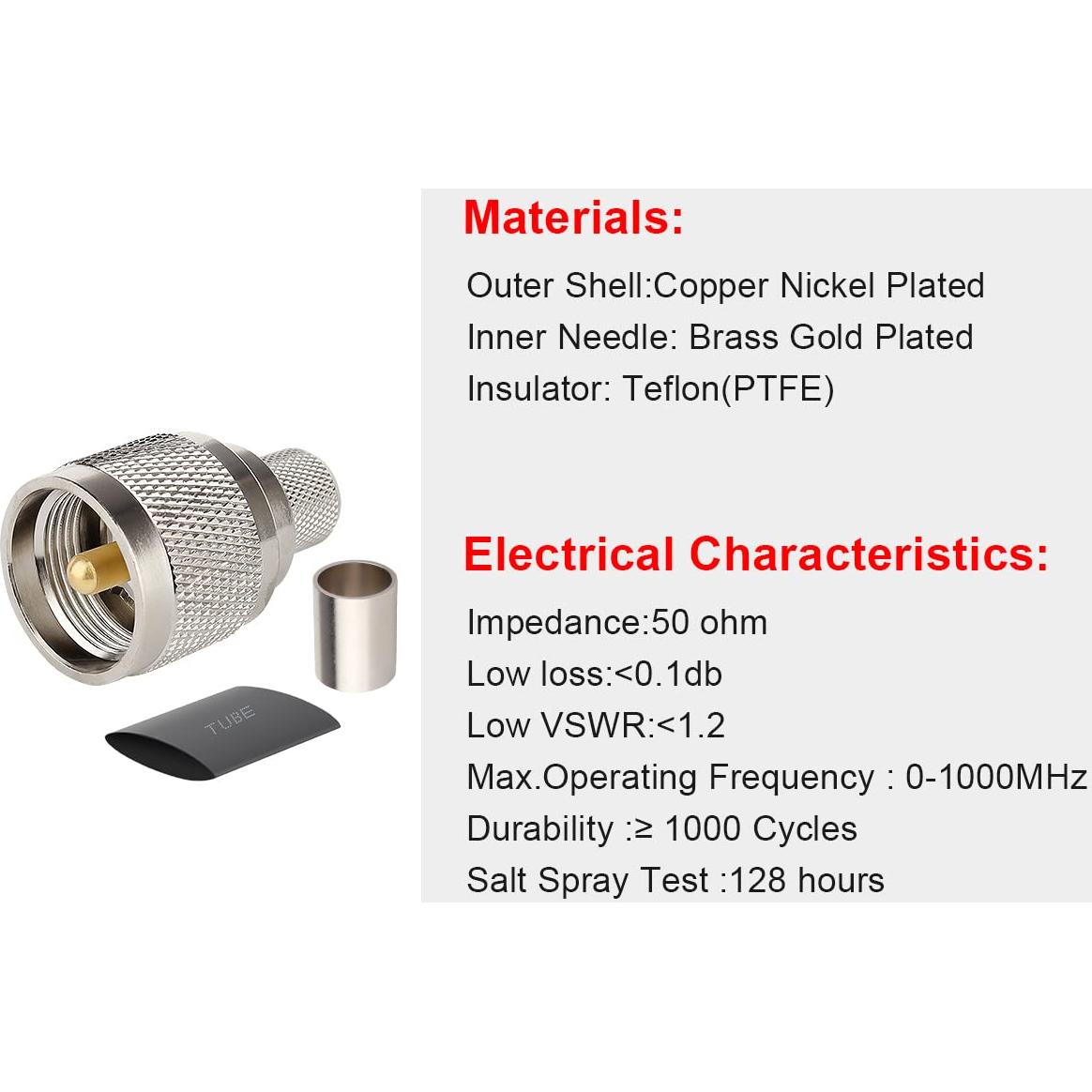 Conector Coaxial Crimp PL259 Macho 50 Ohm para LMR400 - Paquete de 5