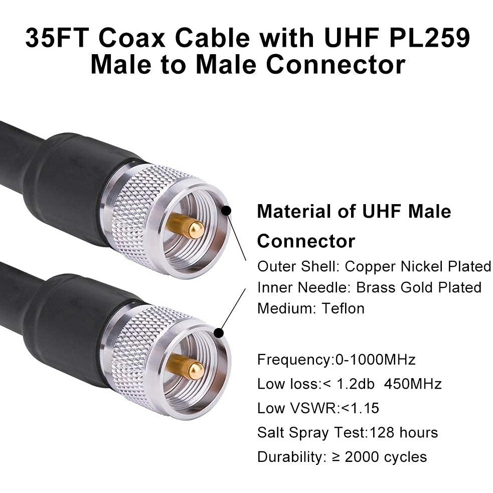 Cable Coaxial RG8 PL259 UHF Macho 10.67m Bajo Pérdida