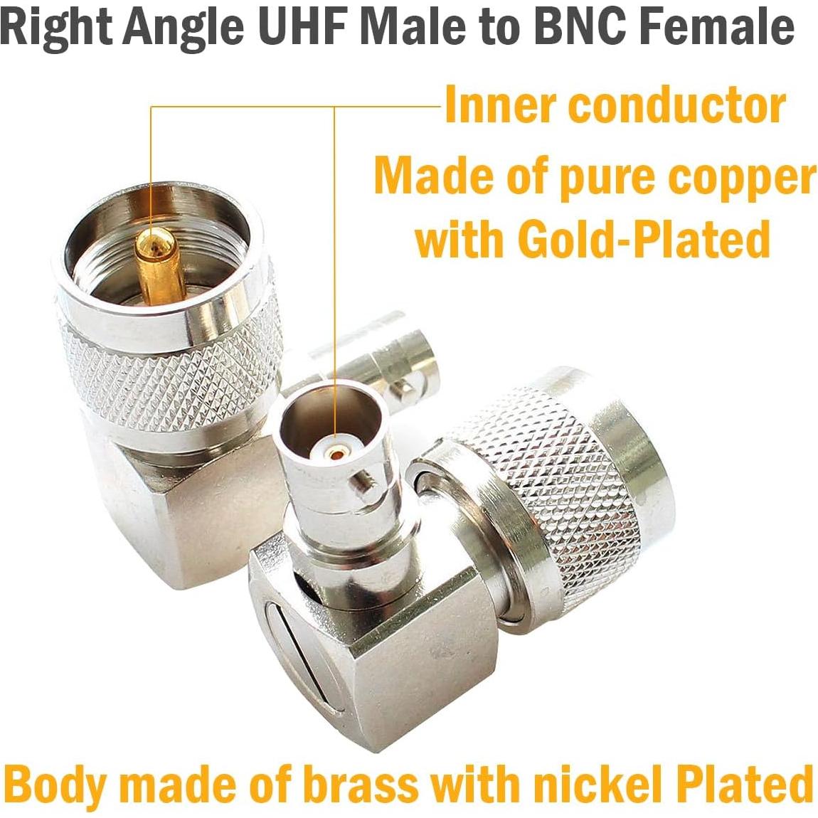 Adaptador Coaxial UHF PL259 a BNC 90° - Exgoofit (Paquete de 2)