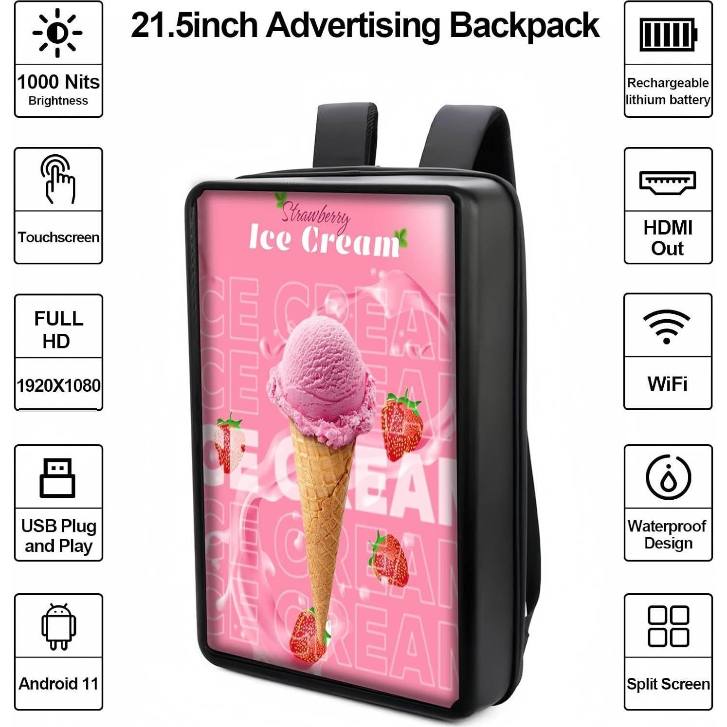 Mochila Publicitaria Digital Pyimgus 21.5" Pantalla Táctil IP65