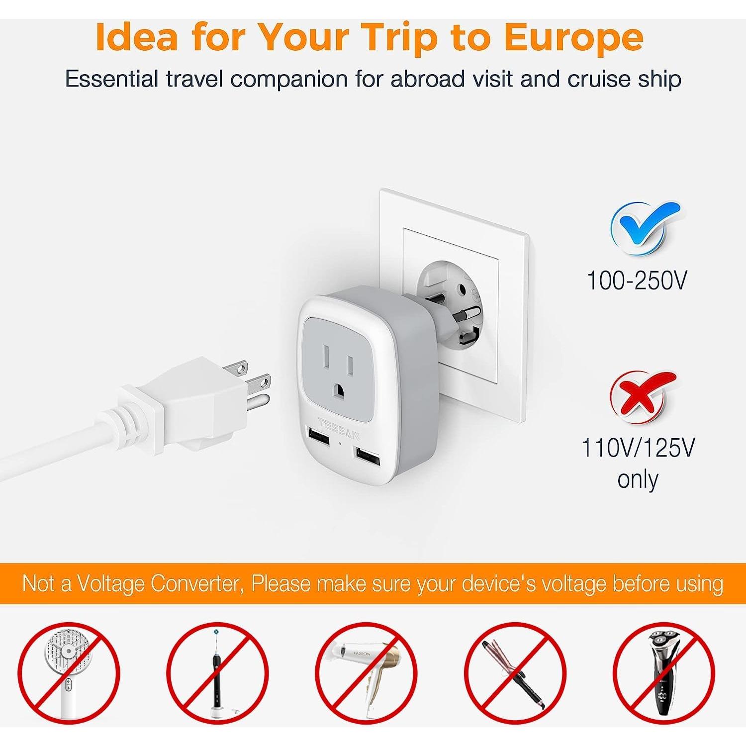 Adaptador de Enchufe de Viaje TESSAN Tipo C con 2 USB