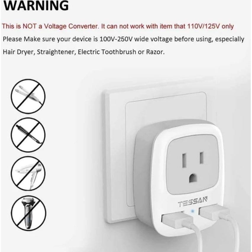 Adaptador de Enchufe de Viaje TESSAN Tipo C con 2 USB