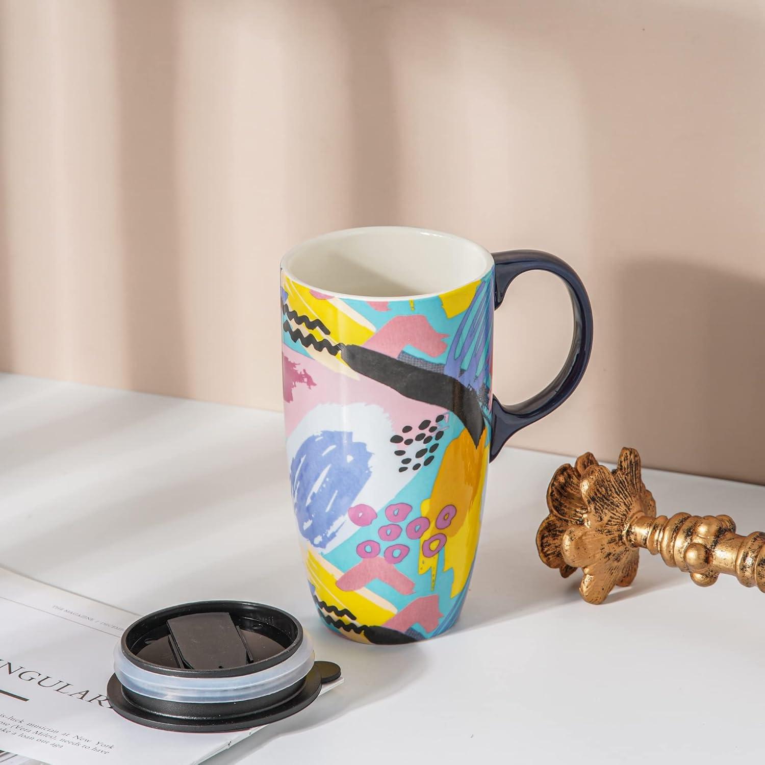 Taza de Cerámica Topadorn 0.5L con Tapa y Asa Abstracta