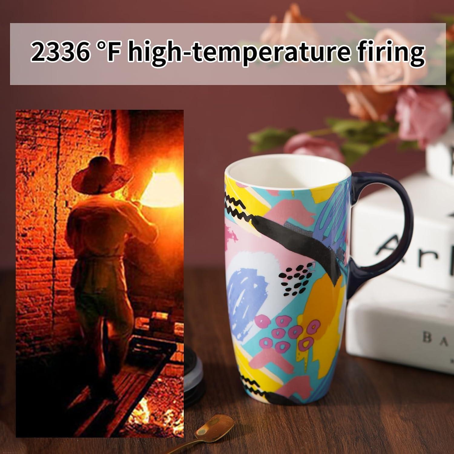 Taza de Cerámica Topadorn 0.5L con Tapa y Asa Abstracta