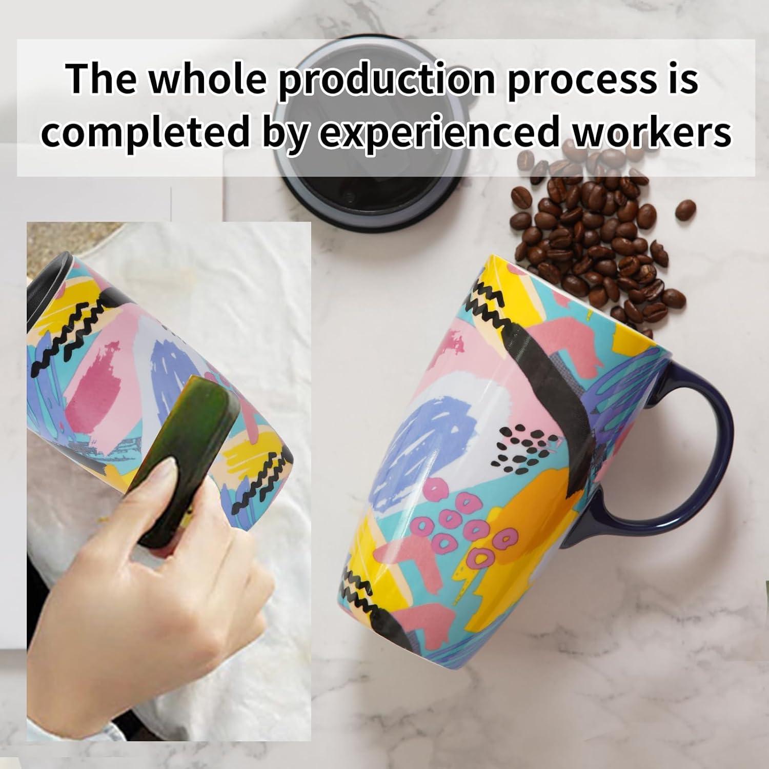 Taza de Cerámica Topadorn 0.5L con Tapa y Asa Abstracta