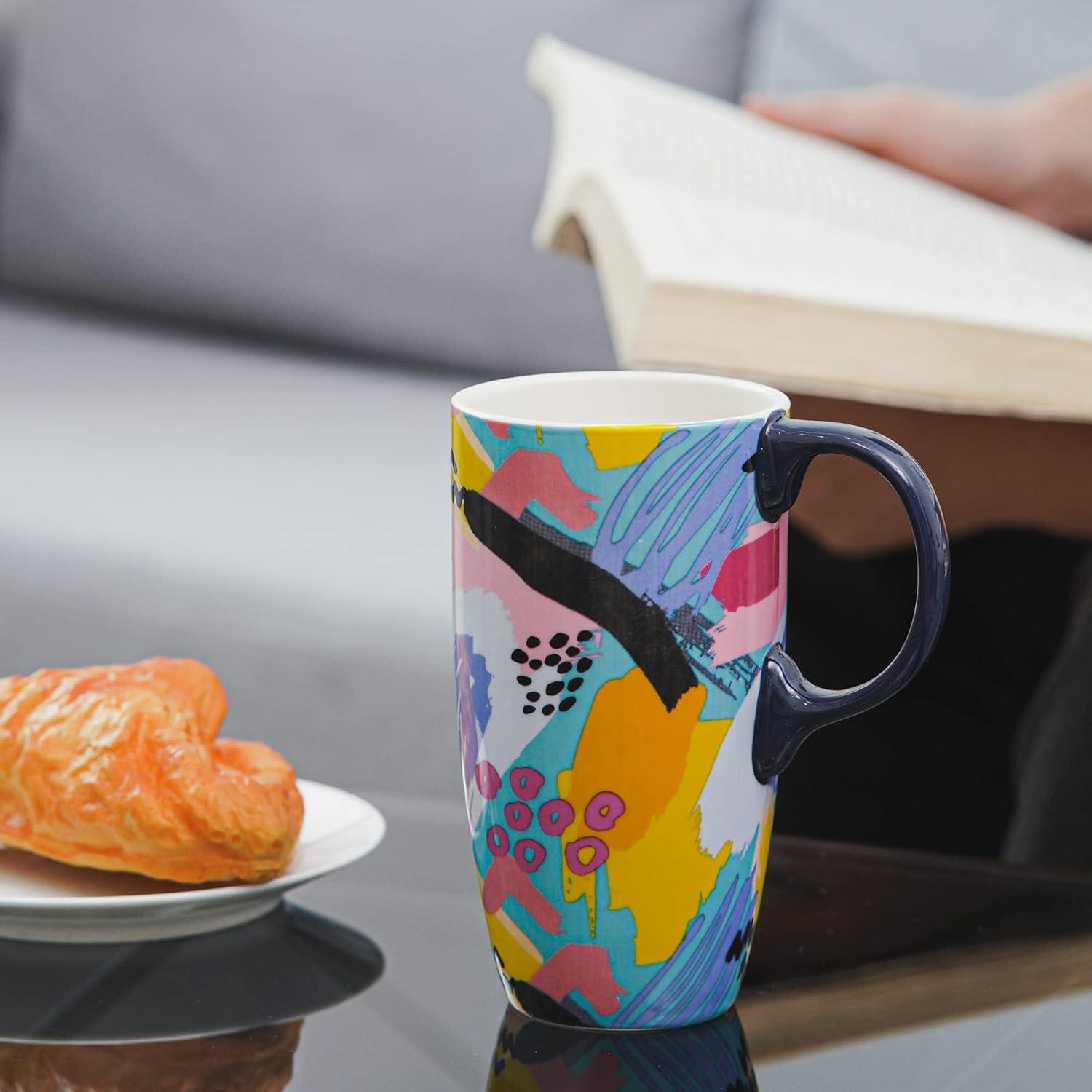 Taza de Cerámica Topadorn 0.5L con Tapa y Asa Abstracta