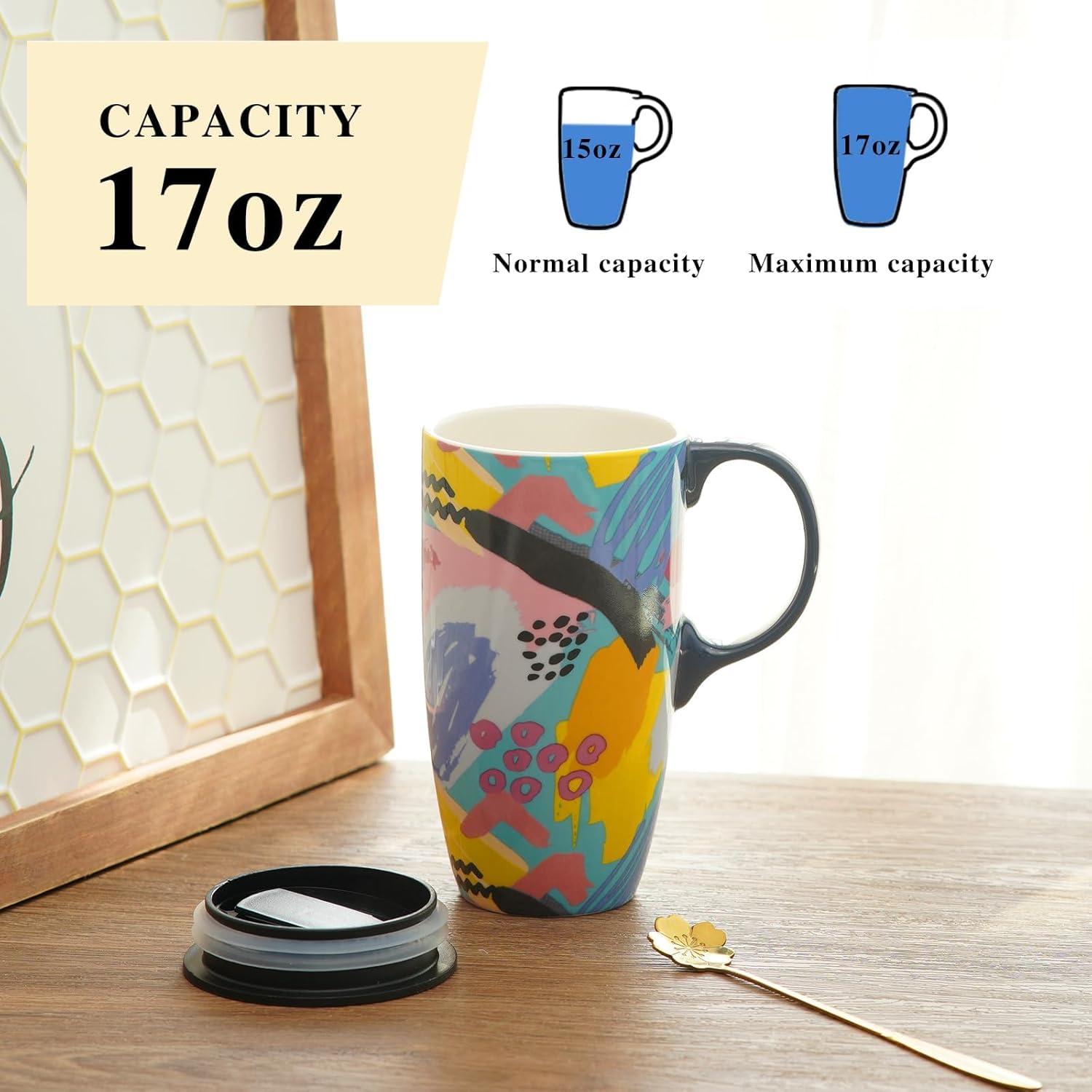 Taza de Cerámica Topadorn 0.5L con Tapa y Asa Abstracta