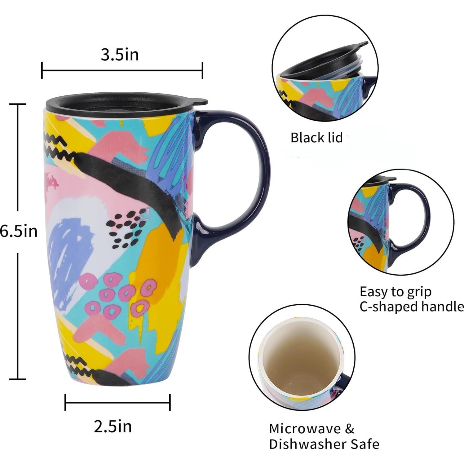 Taza de Cerámica Topadorn 0.5L con Tapa y Asa Abstracta