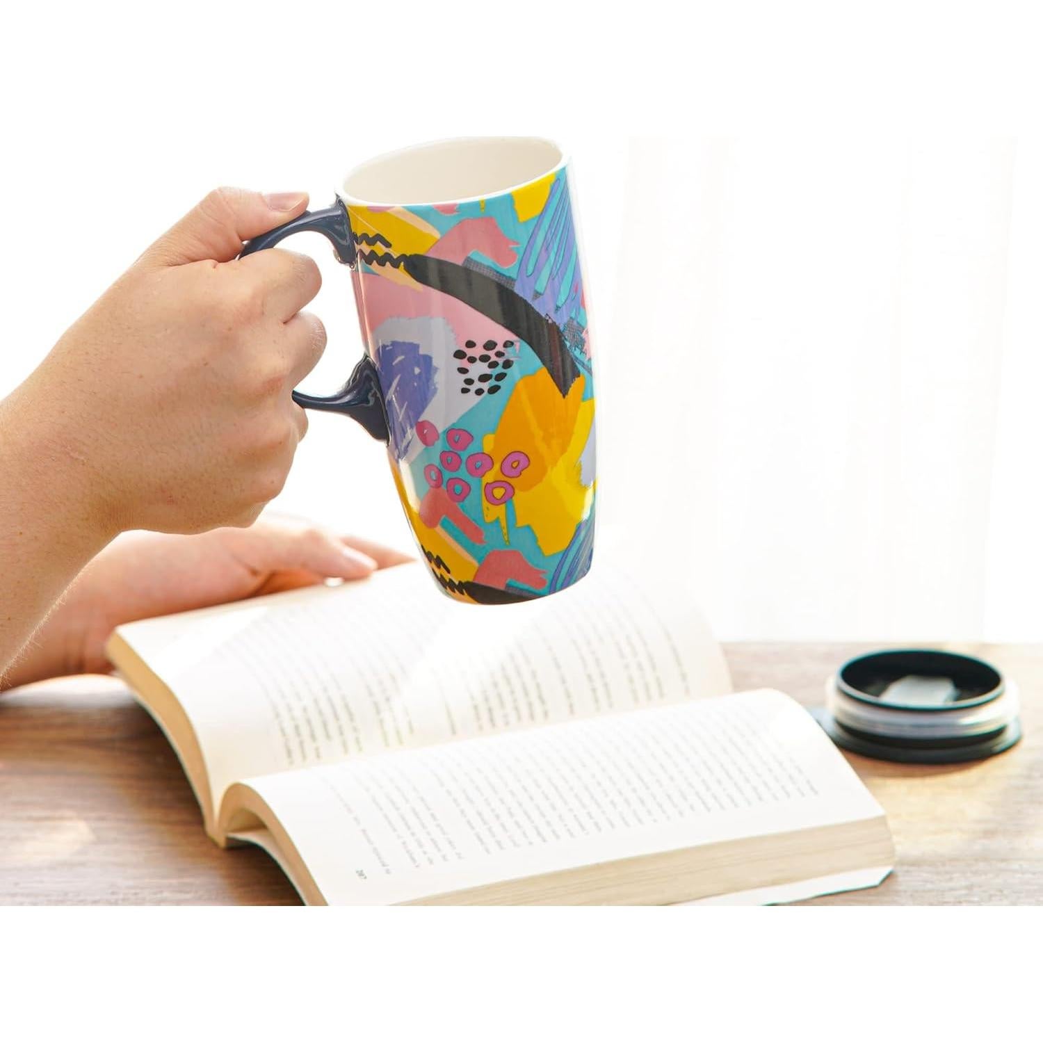 Taza de Cerámica Topadorn 0.5L con Tapa y Asa Abstracta