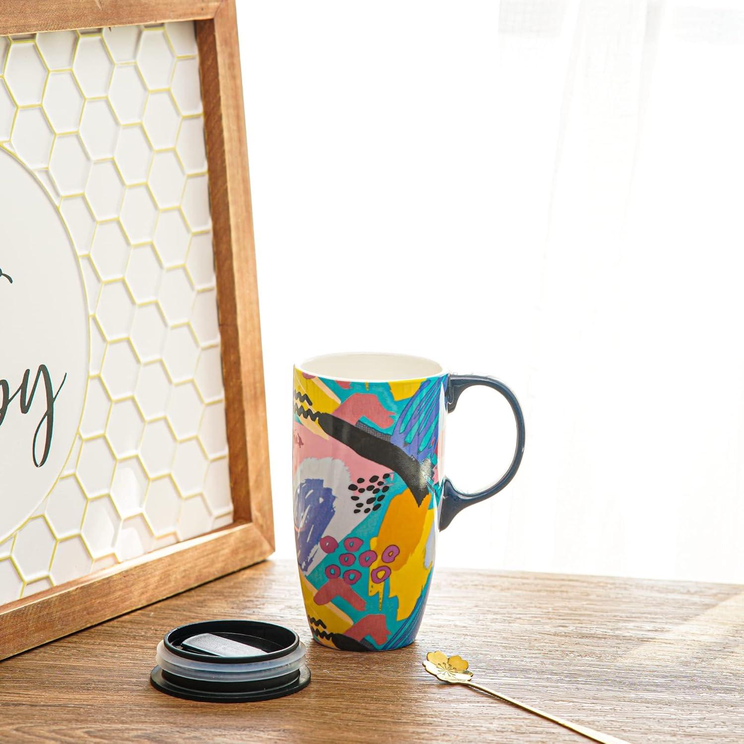 Taza de Cerámica Topadorn 0.5L con Tapa y Asa Abstracta