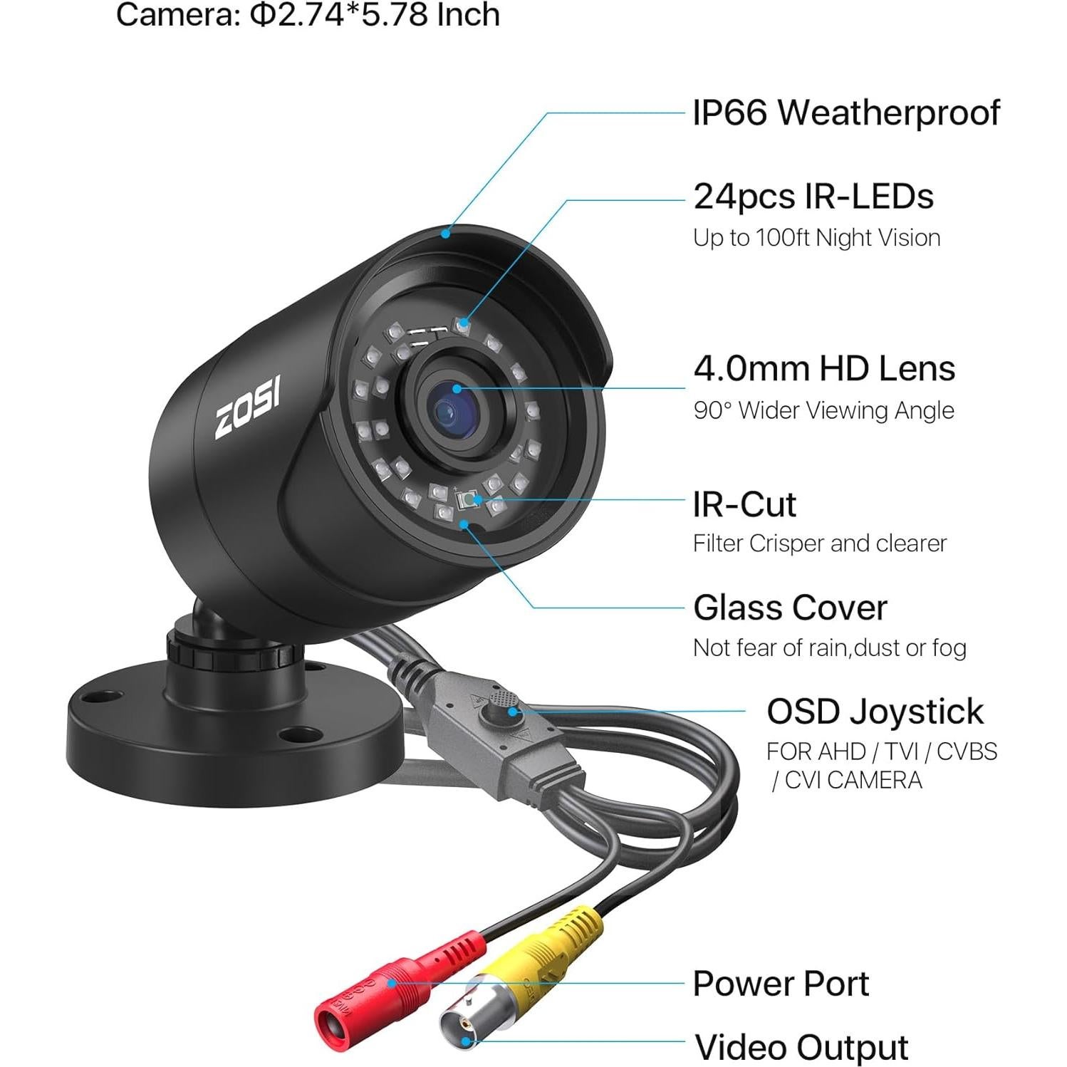 Cámara de Seguridad ZOSI 2MP 1080p HD Bullet IP66 Visión Nocturna