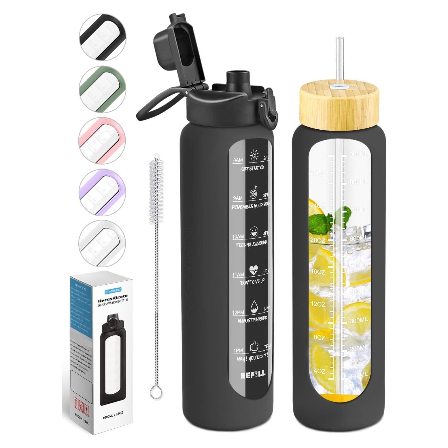 Botella de Agua de Vidrio Nefeeko 1L con Pajilla y Manga Silicona