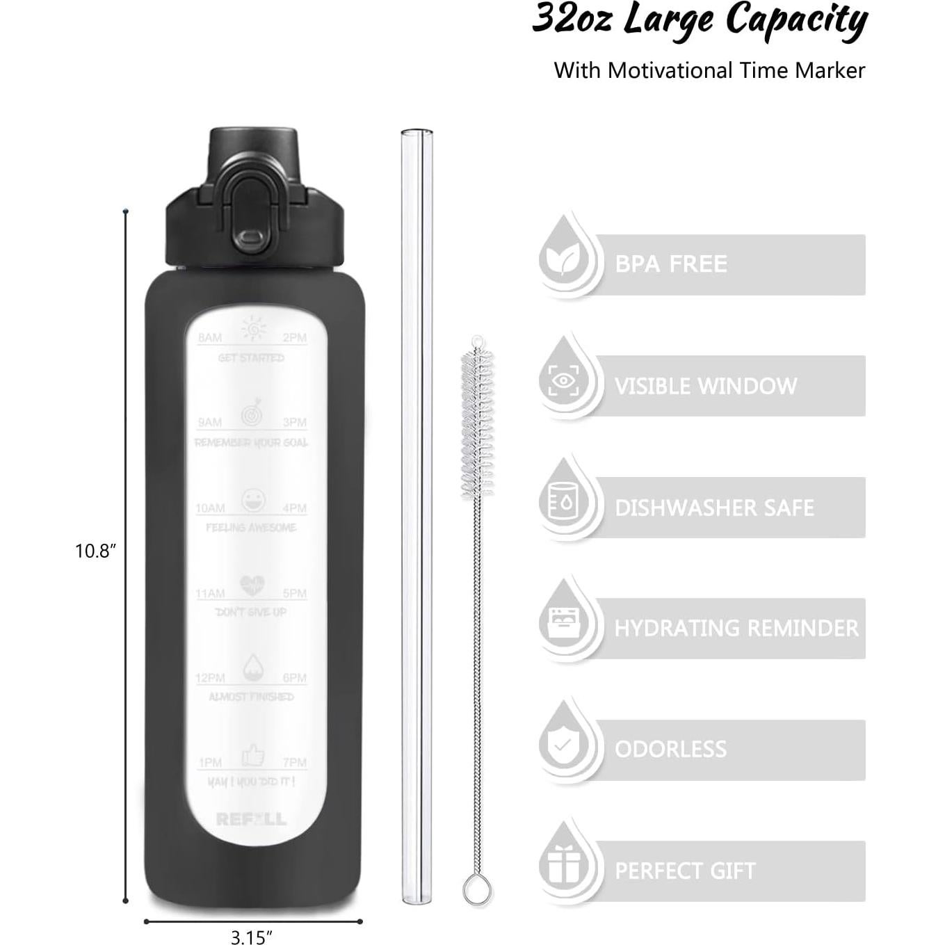 Botella de Agua de Vidrio Nefeeko 1L con Pajilla y Manga Silicona
