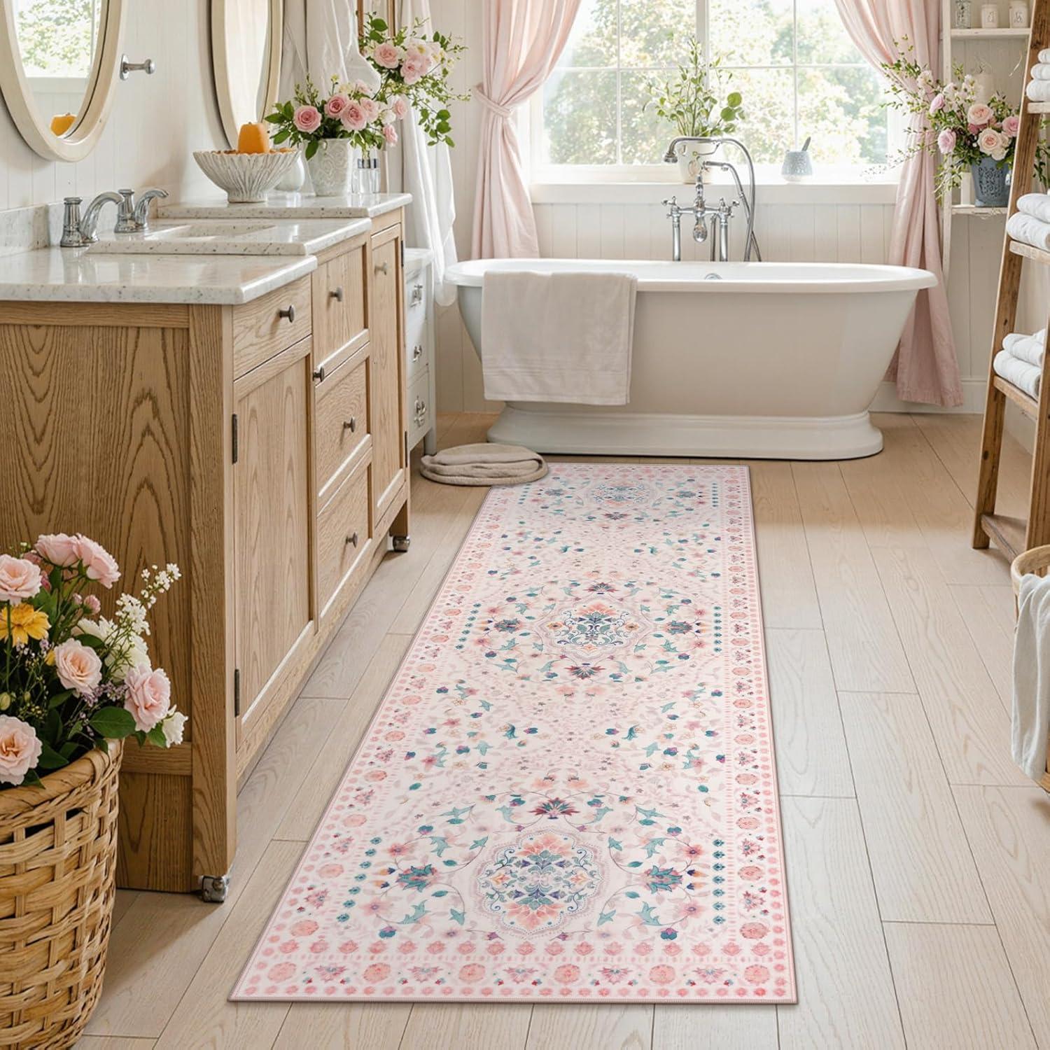 Alfombra Antideslizante Boho Floral LIVEBOX 0.61x1.83m Rosa Claro