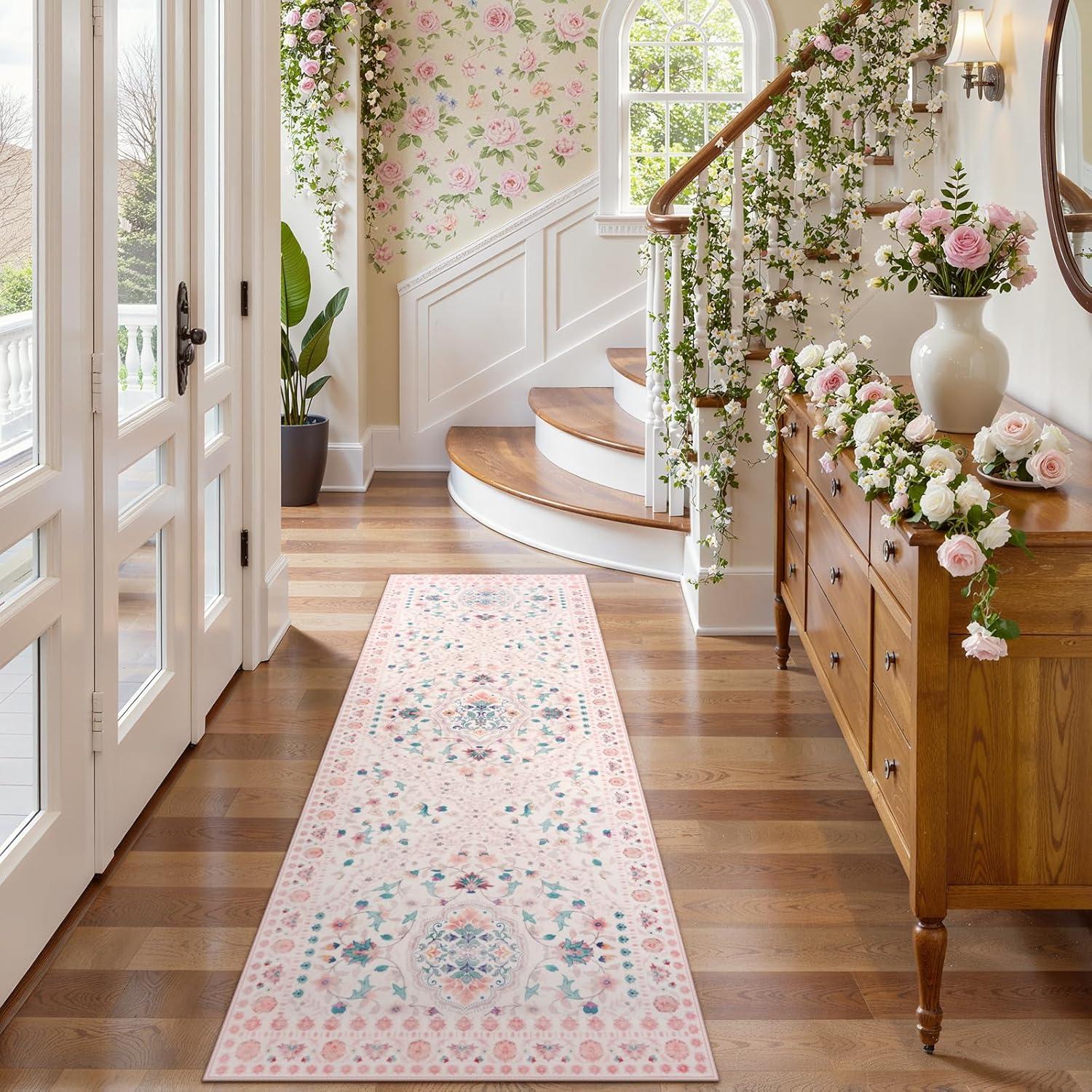 Alfombra Antideslizante Boho Floral LIVEBOX 0.61x1.83m Rosa Claro