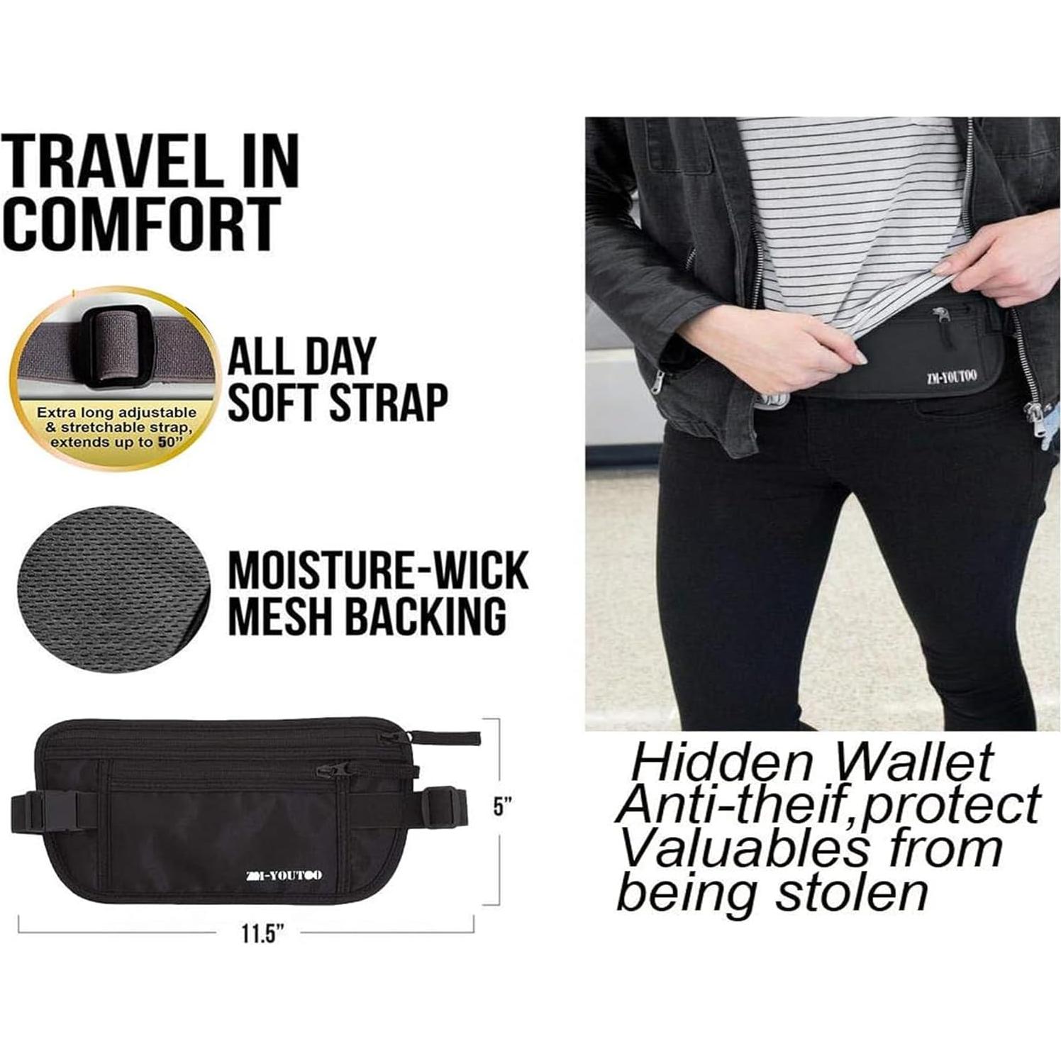 Cinturón de Dinero RFID Negro - Bolsa de Viaje Oculta