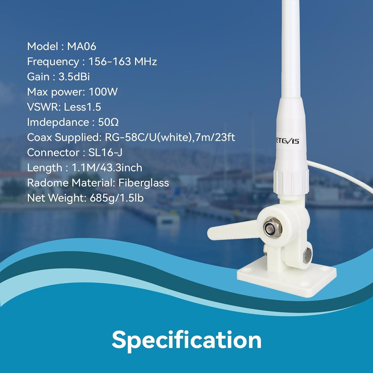 Antena Marina VHF Retevis MA06 3.5dBi 1.1m con Cable 7m