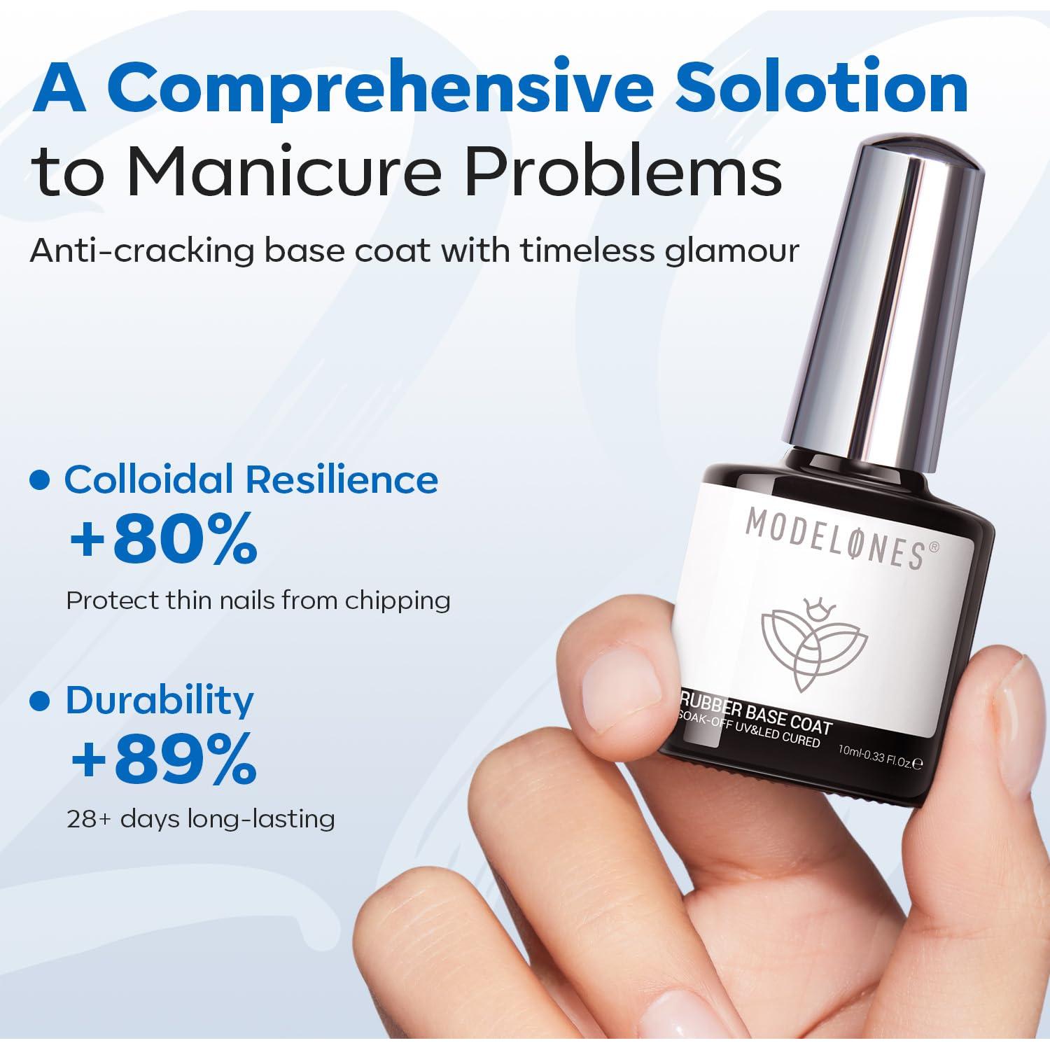 modelones Rubber Builder Gel Base Coat for Nails, Clear Rubber Base Gel Nail Polish for Strengthen/Apex Building/Enhance/Reinforced Long Lasting Fiber Protect Soak Off U V LED Gift for Thin Weak Nails