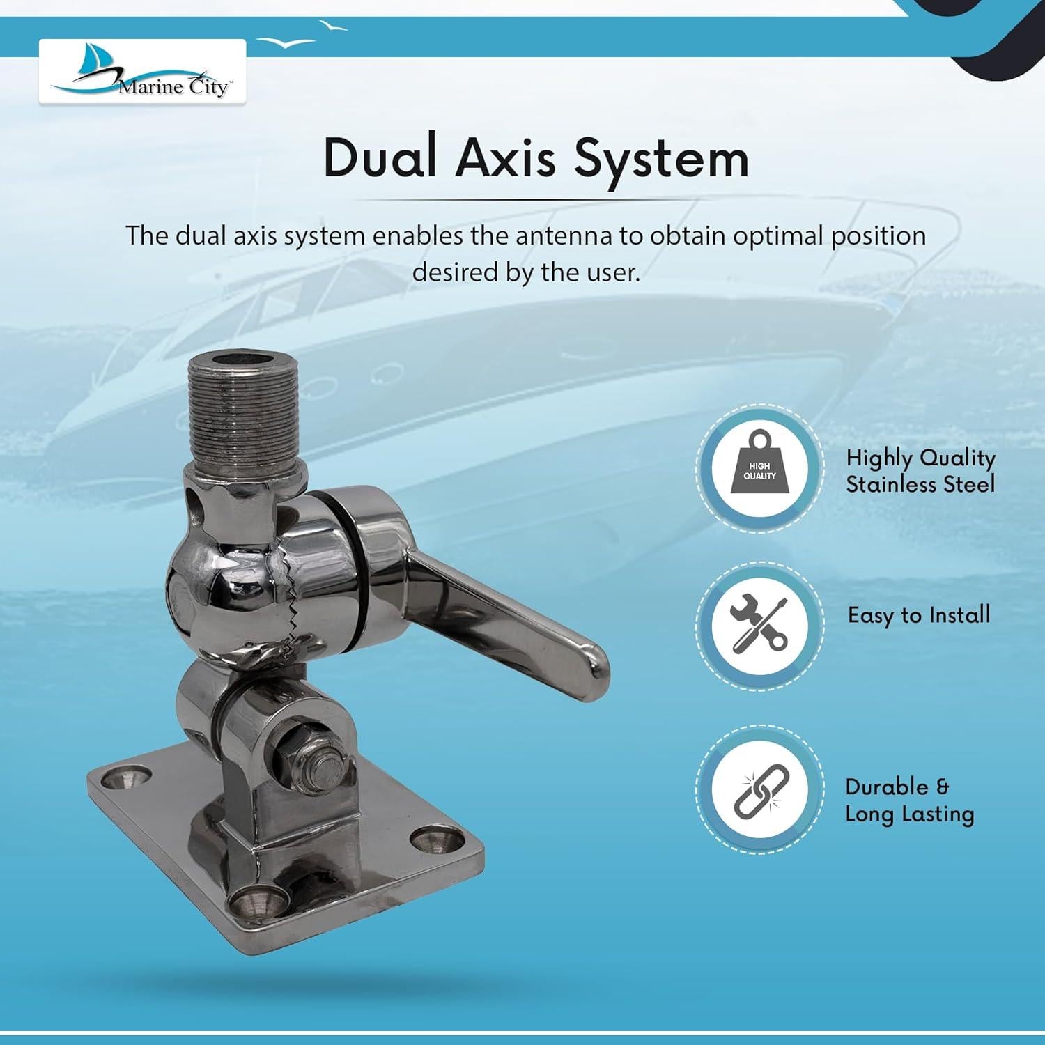 Base de Antena Ajustable Marine City Acero Inoxidable 316