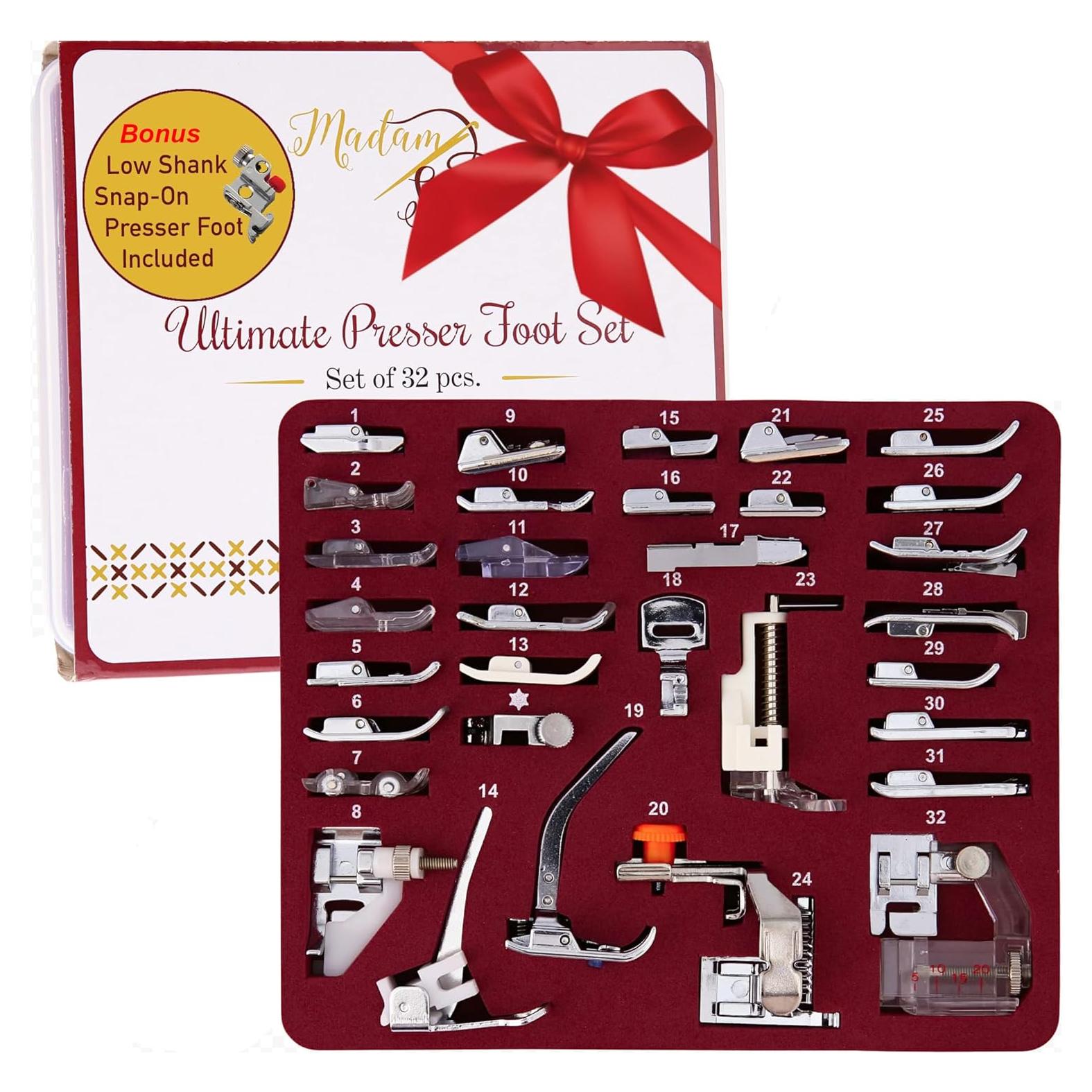 Juego de Patas de Prensatelas Madam Sew 32 Piezas - Compatible con Singer, Brother, Janome