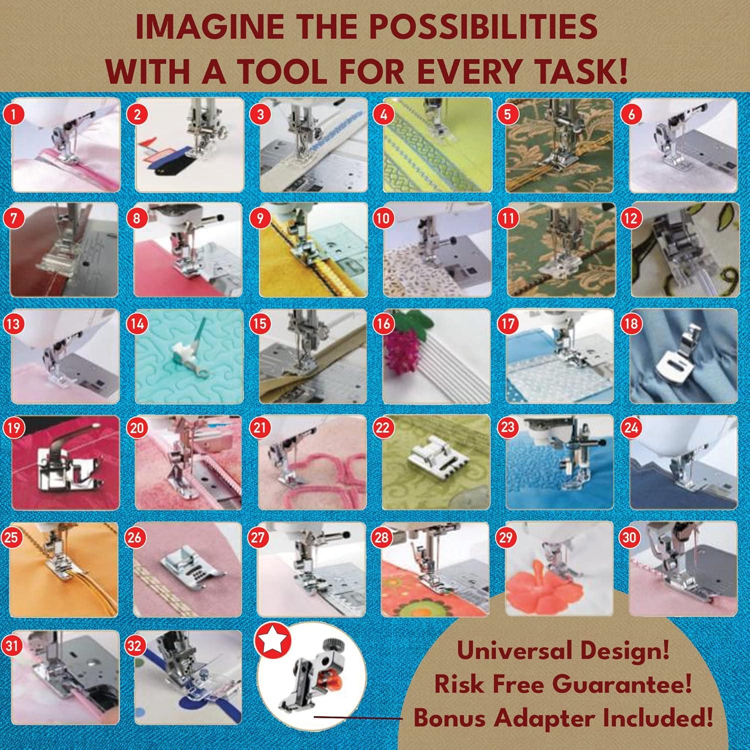 Juego de Patas de Prensatelas Madam Sew 32 Piezas - Compatible con Singer, Brother, Janome