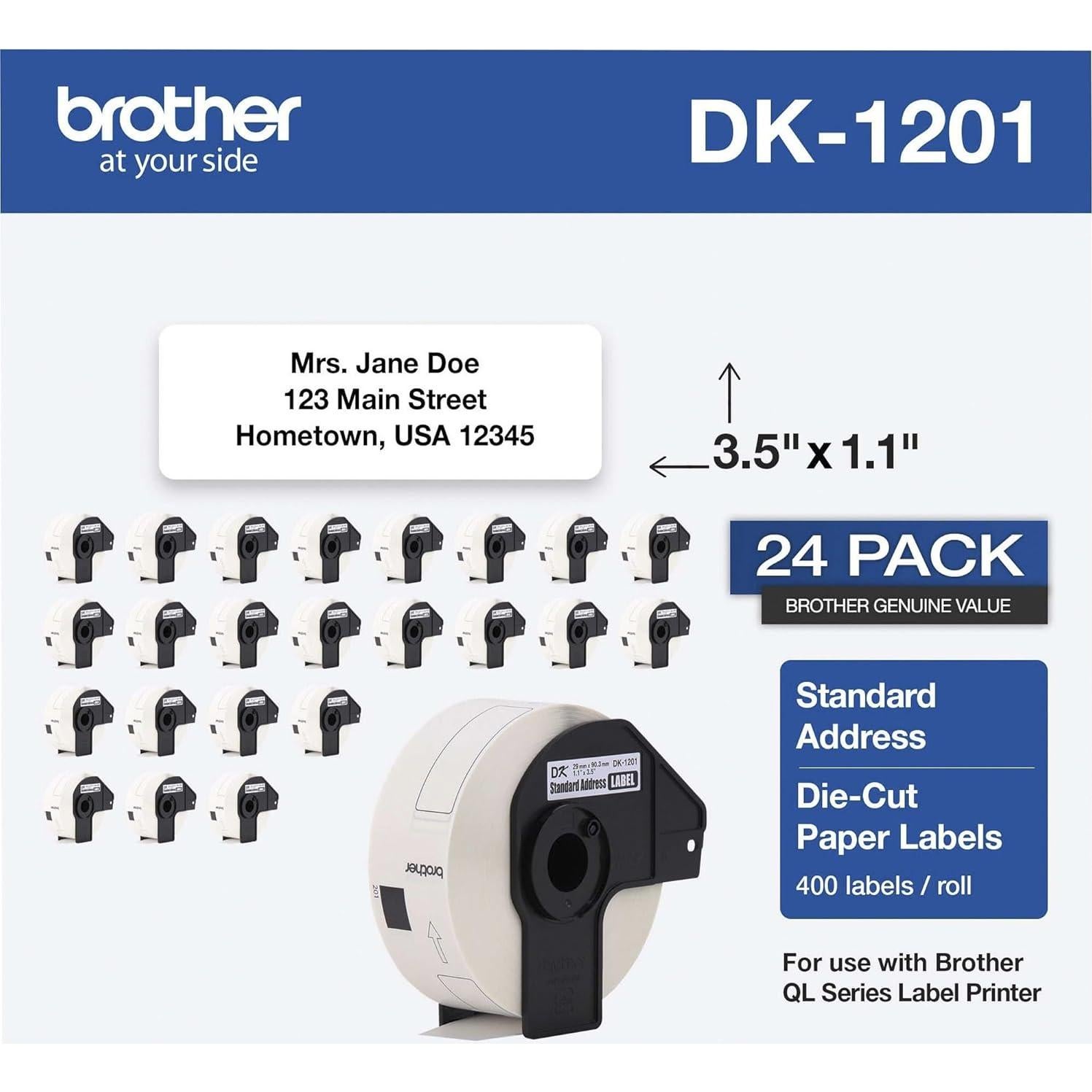 Etiquetas de Dirección Estándar Brother DK-1201, 24 Rollos, 400 Etiquetas/Rollo