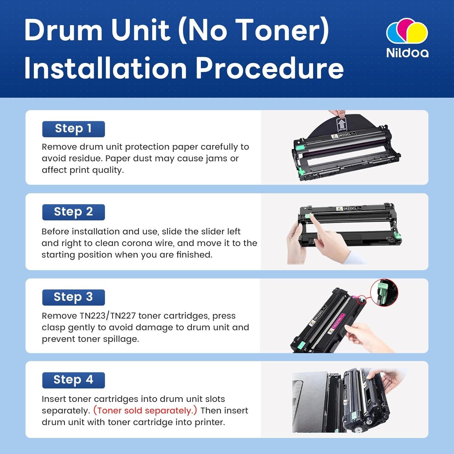 Unidad de Tambor Nildoa DR223CL Reemplazo 4 Paquetes para Brother