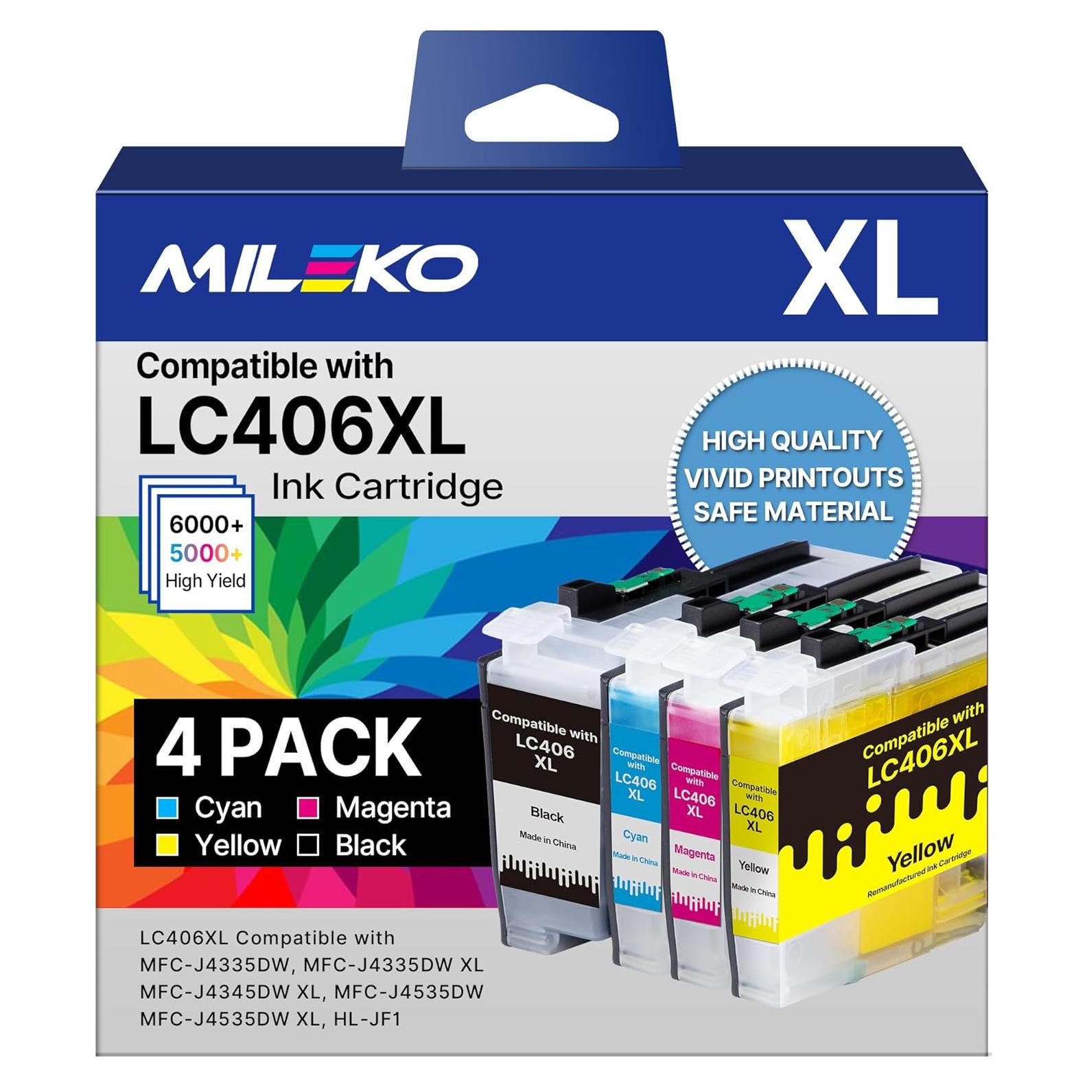 Cartuchos de tinta LC406XL MILEKO para impresora Brother - Paquete de 4