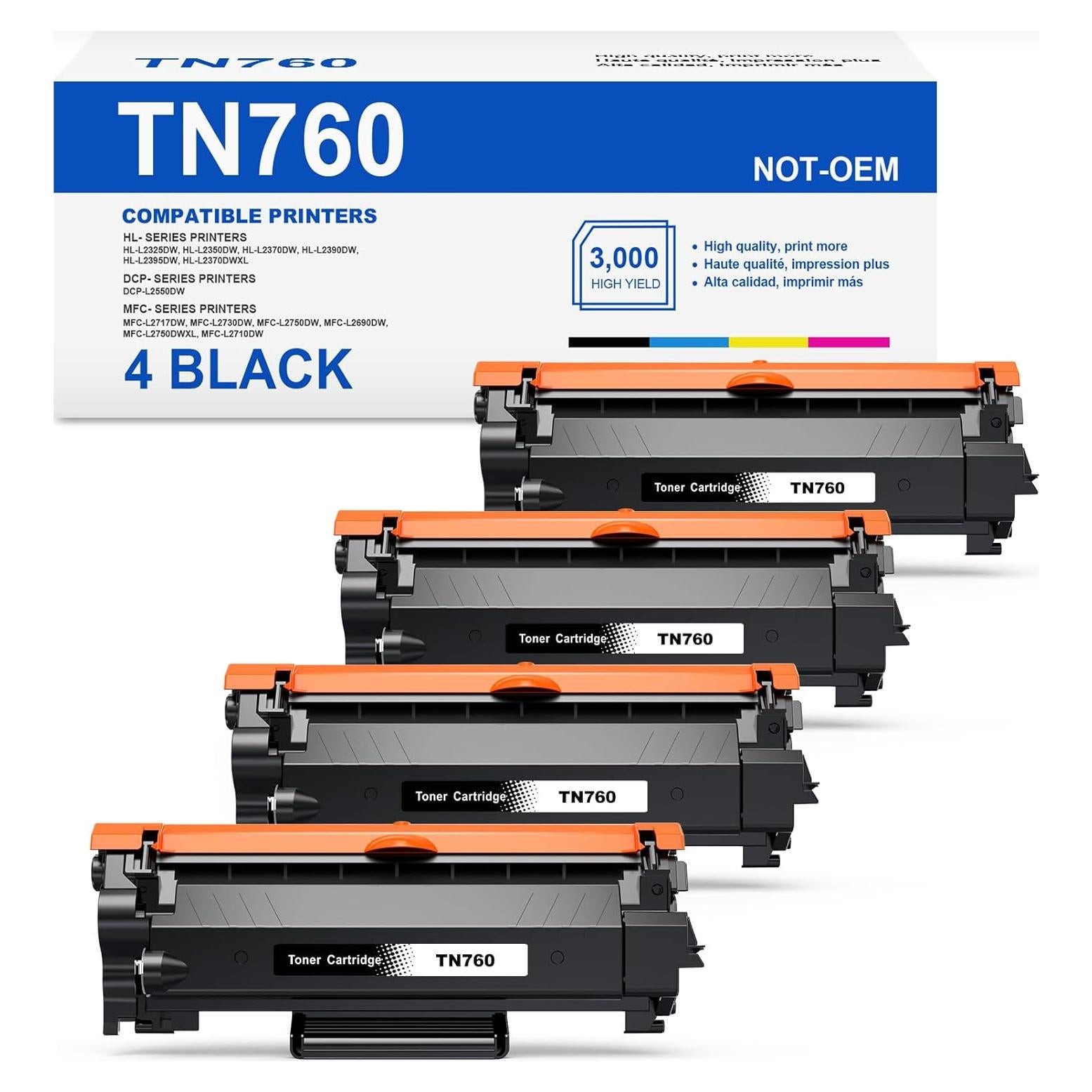 Cartuchos de tóner negro Skydo TN760 compatibles (4 unidades)