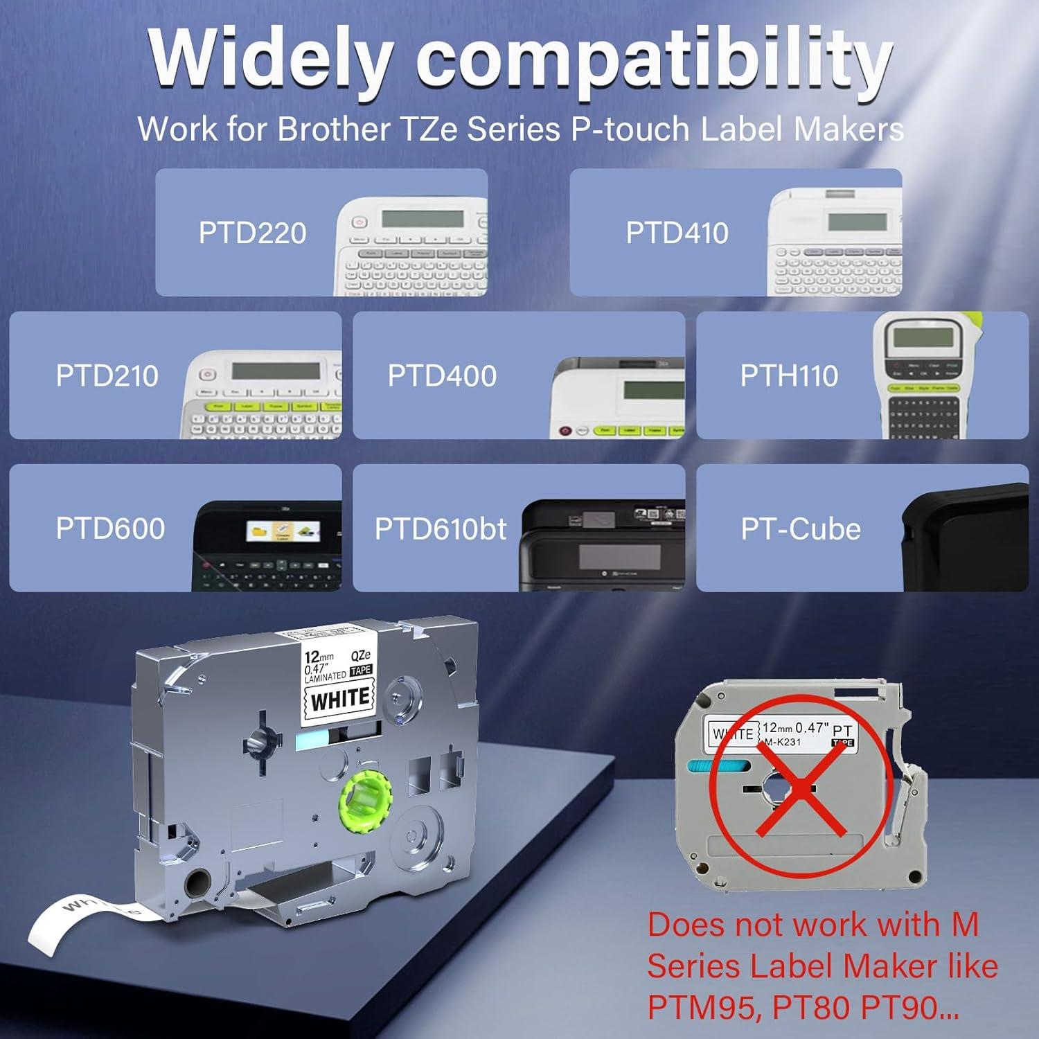 5 Pack Cinta de Etiqueta EcliptoVireo TZE231 12mm Blanca