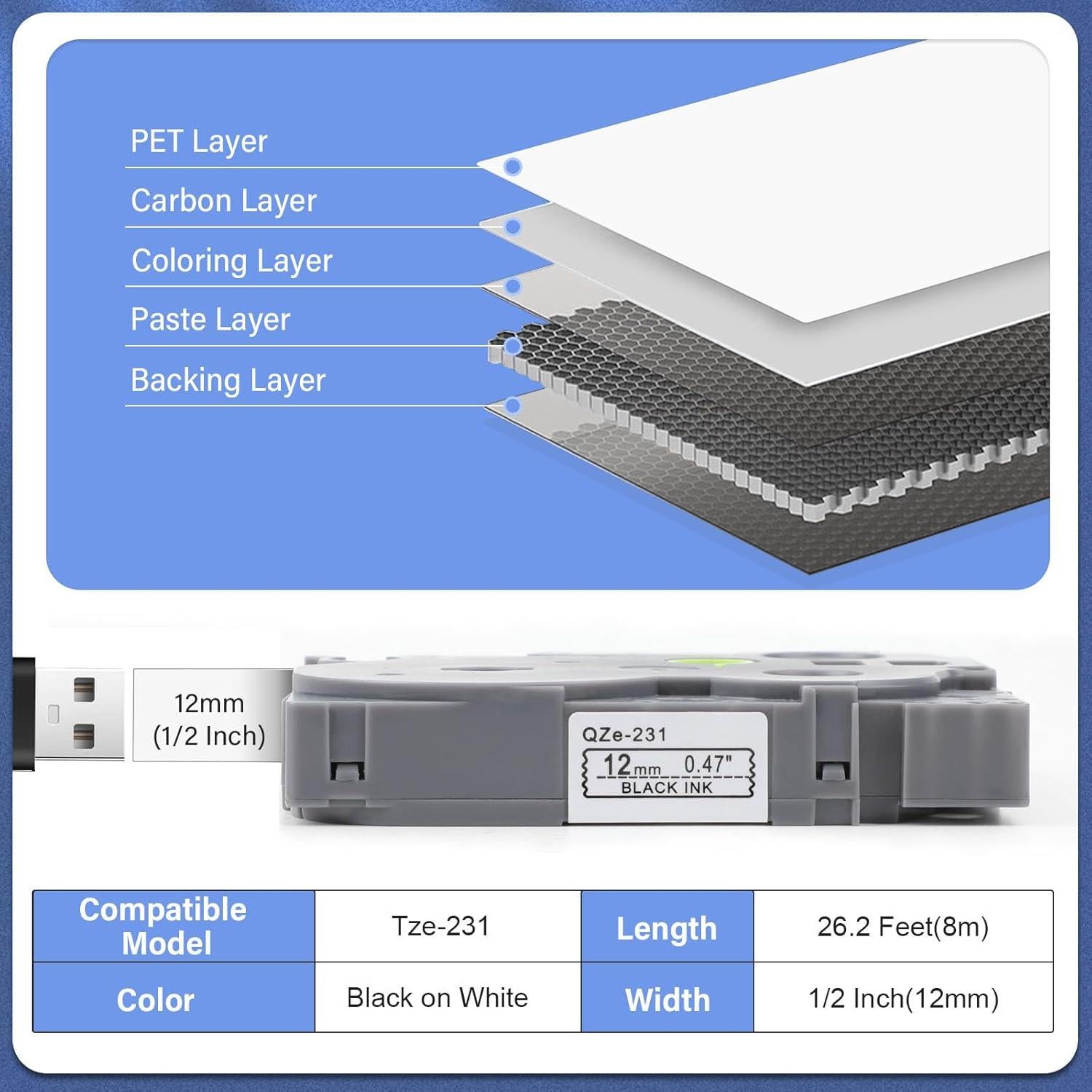 5 Pack Cinta de Etiqueta EcliptoVireo TZE231 12mm Blanca