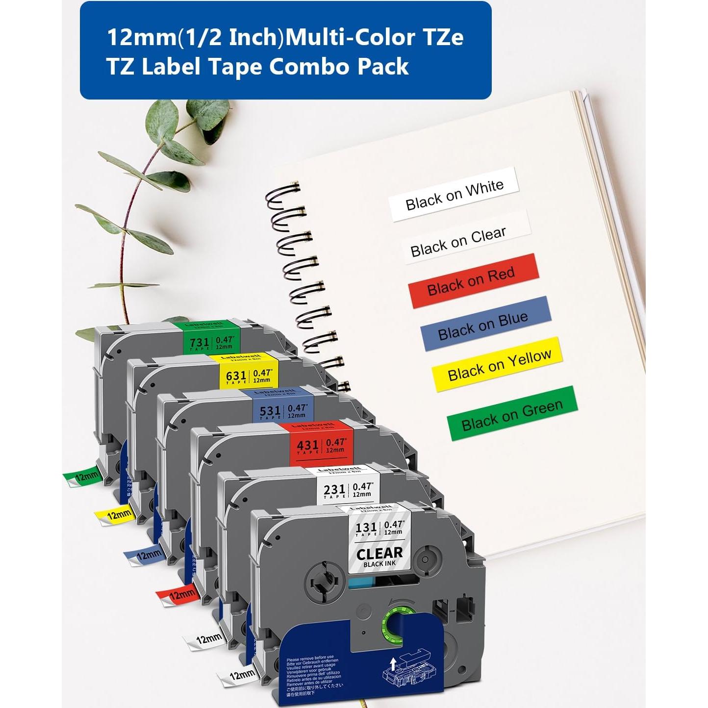 Cinta de Etiqueta Multi-color 12mm Labelwell TZe-231/131/431/531/631