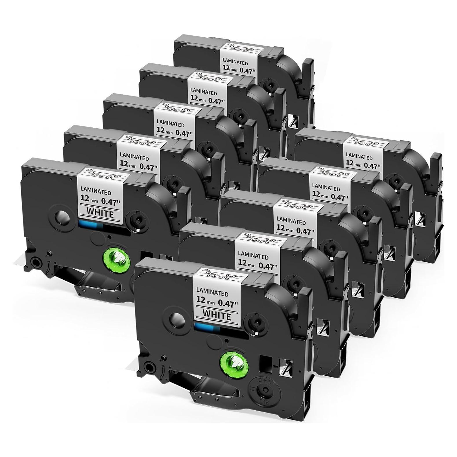 10 Cintas de Etiqueta Suminey TZe 12mm Negro sobre Blanco