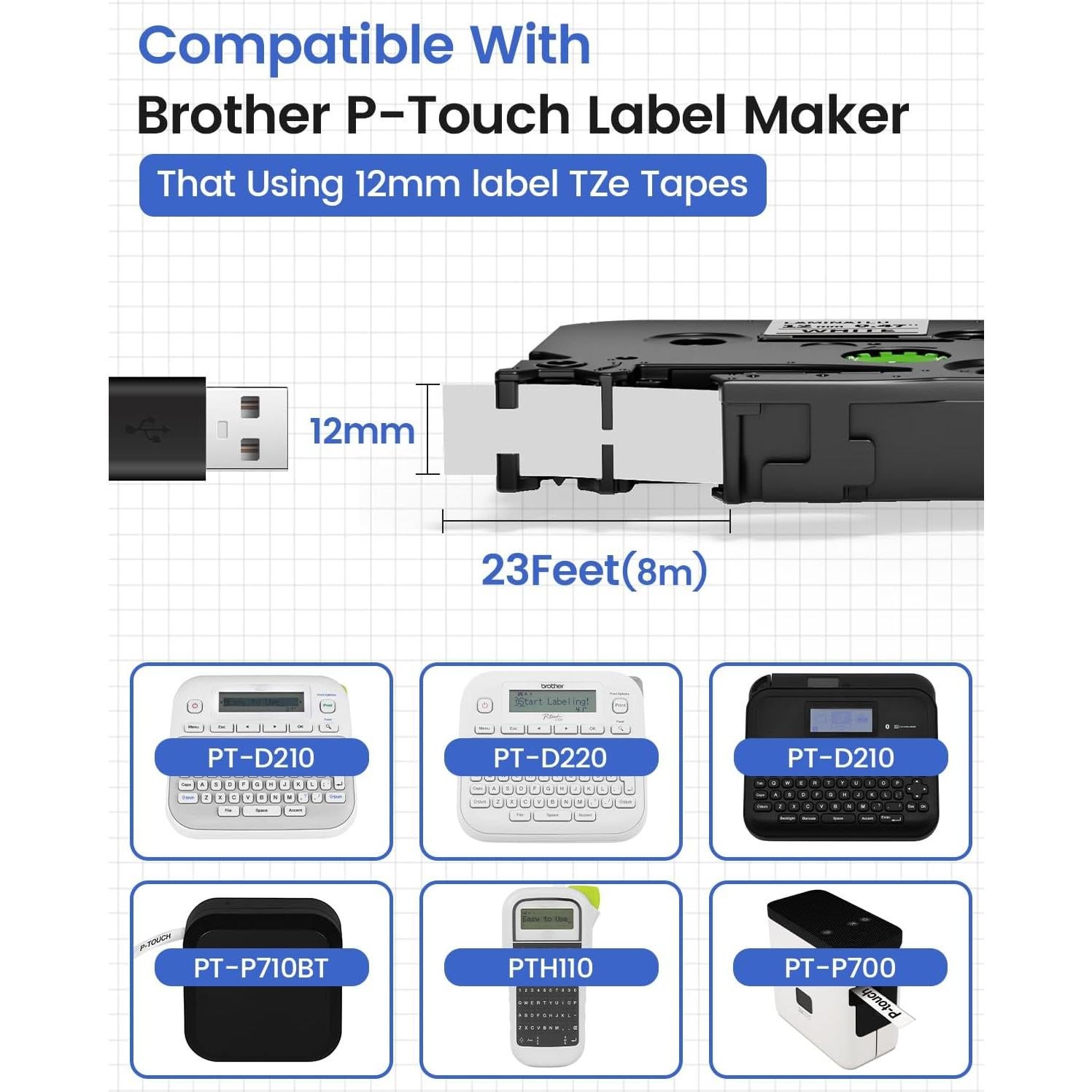 10 Cintas de Etiqueta Suminey TZe 12mm Negro sobre Blanco
