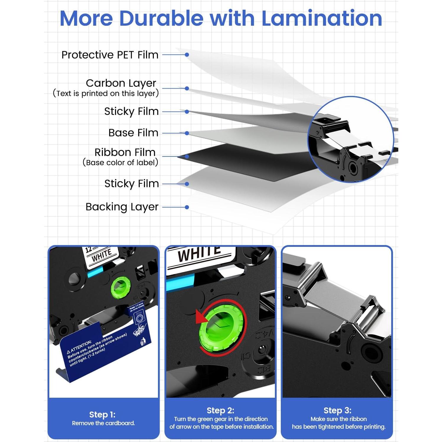 10 Cintas de Etiqueta Suminey TZe 12mm Negro sobre Blanco