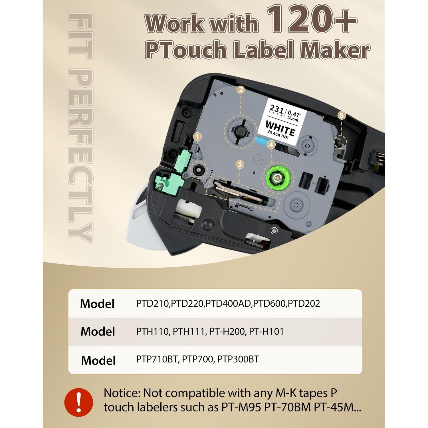 Cinta de Etiqueta TZe-231 Rocanza 12mm x 8m Negra sobre Blanca - 10-Pack