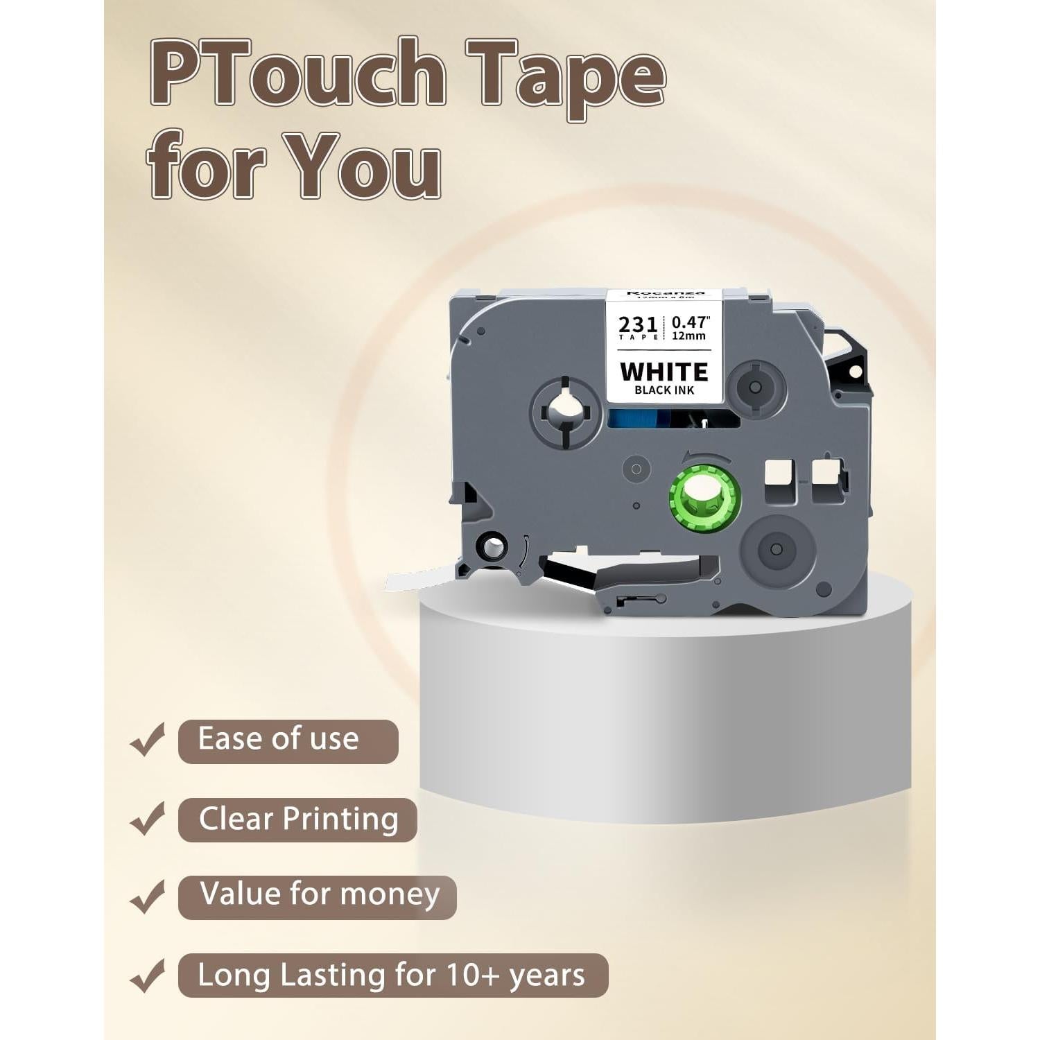 Cinta de Etiqueta TZe-231 Rocanza 12mm x 8m Negra sobre Blanca - 10-Pack