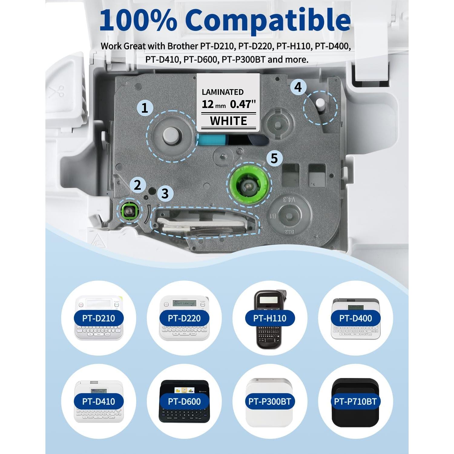 Cinta de Etiquetas Greateam TZe 12mm Negra sobre Blanca - 5 Unidades