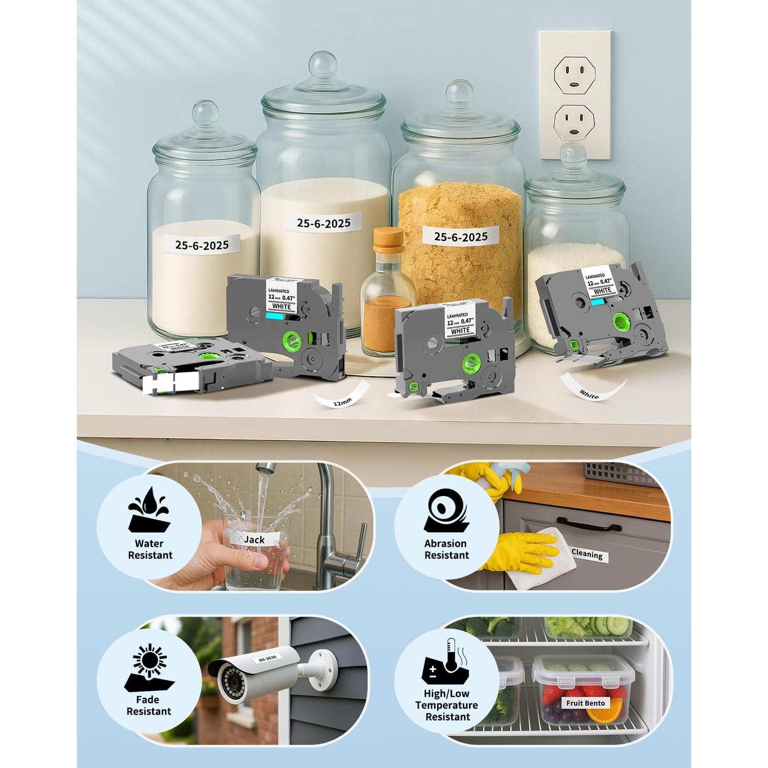 Cinta de Etiquetas Greateam TZe 12mm Negra sobre Blanca - 5 Unidades