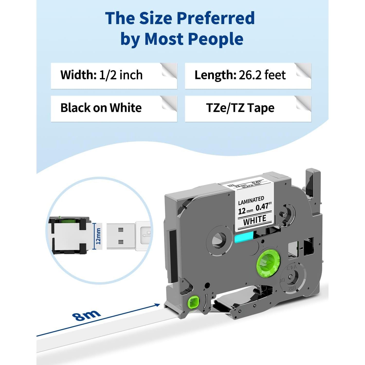 Cinta de Etiquetas Greateam TZe 12mm Negra sobre Blanca - 5 Unidades
