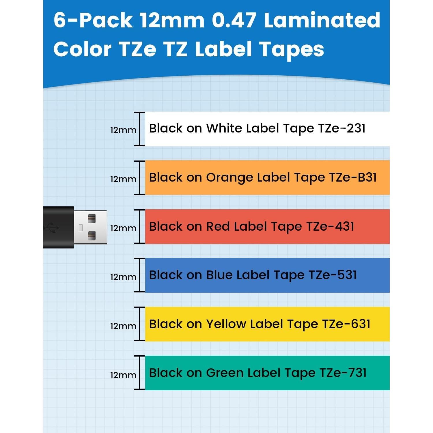 Cinta de Etiquetas Anycolor TZe 12mm Laminada 6 Colores