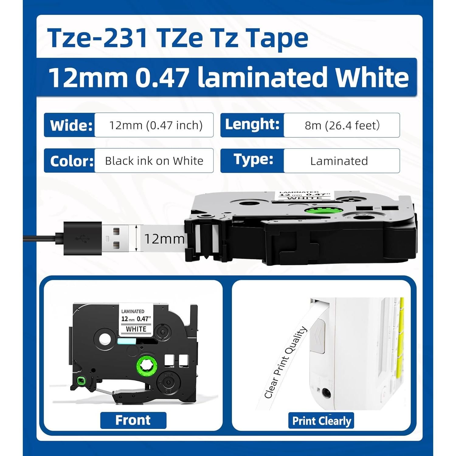Cinta de Etiqueta AONOMI TZe-231 12mm Negra sobre Blanca 6pk