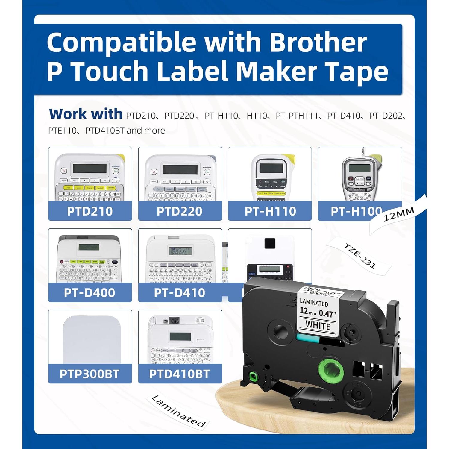 Cinta de Etiqueta AONOMI TZe-231 12mm Negra sobre Blanca 6pk