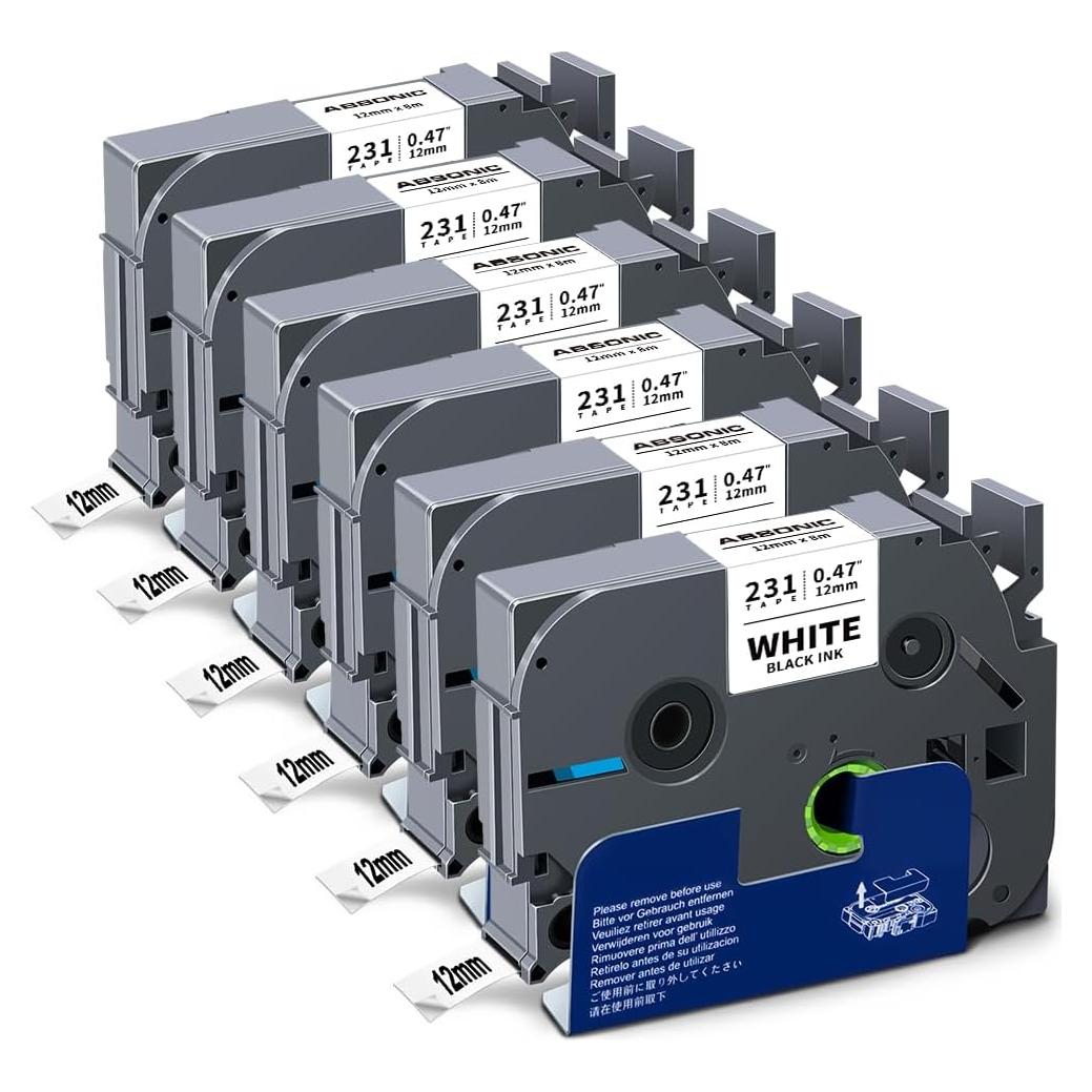 Cinta Laminada Blanca Absonic Tze-231 12mm 6-Pack Compatible Brother