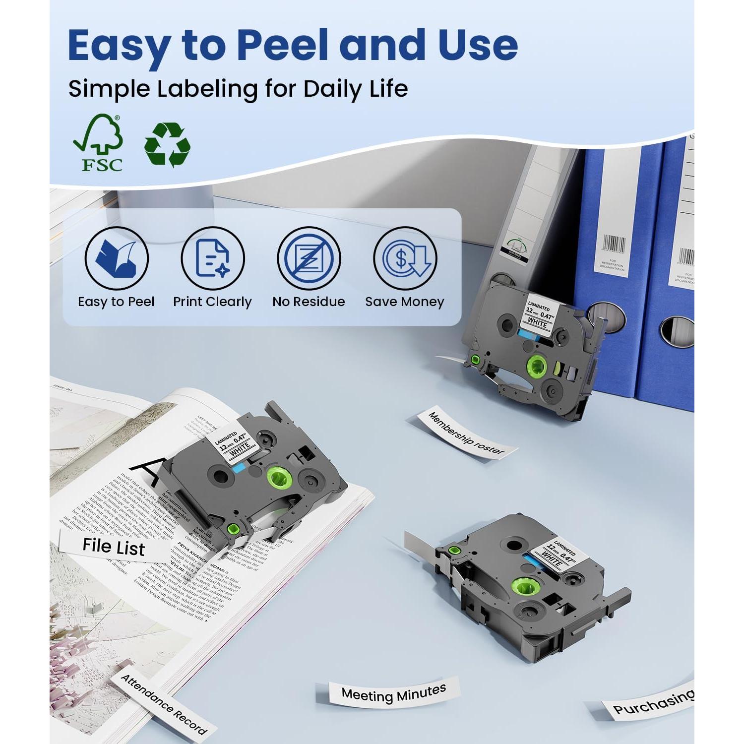 Cinta de Etiquetas Freshworld TZe-231 12mm 6-Pack Negro sobre Blanco